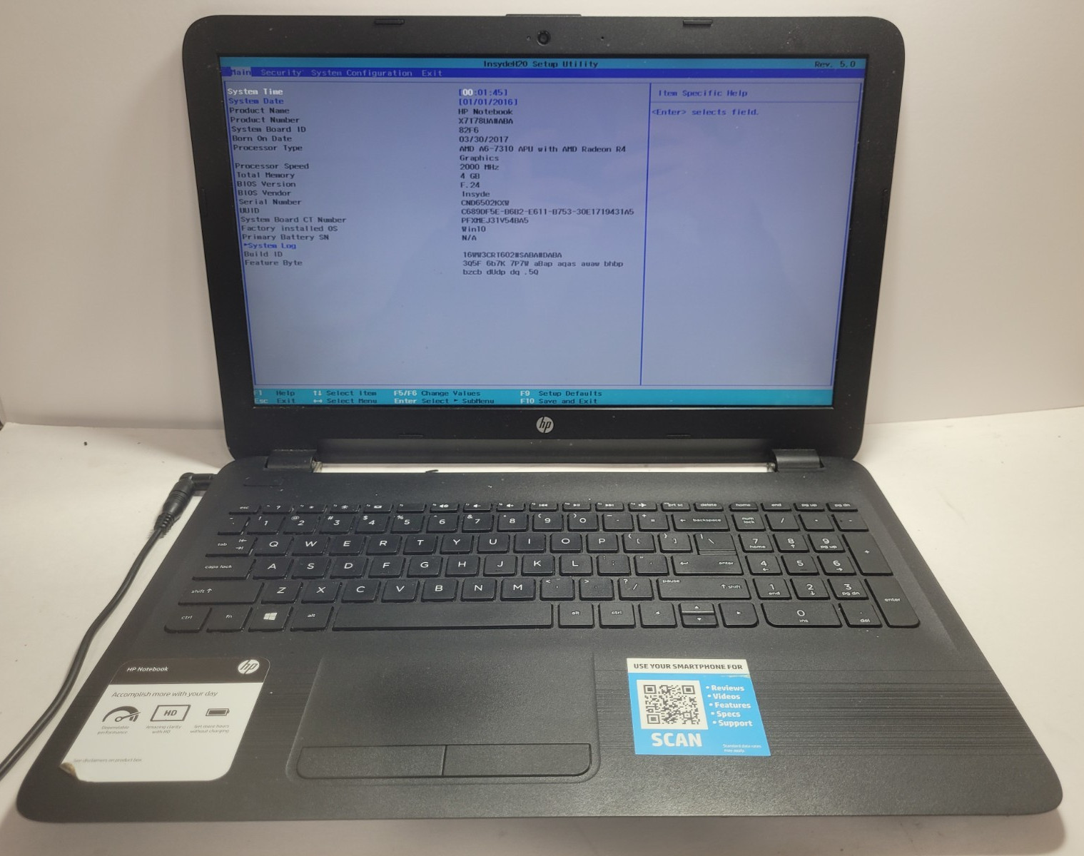 HP model 15-ba009dx w/AMD-A6-7310, 4GB RAM, 15.6″ Laptop for Repair#0361