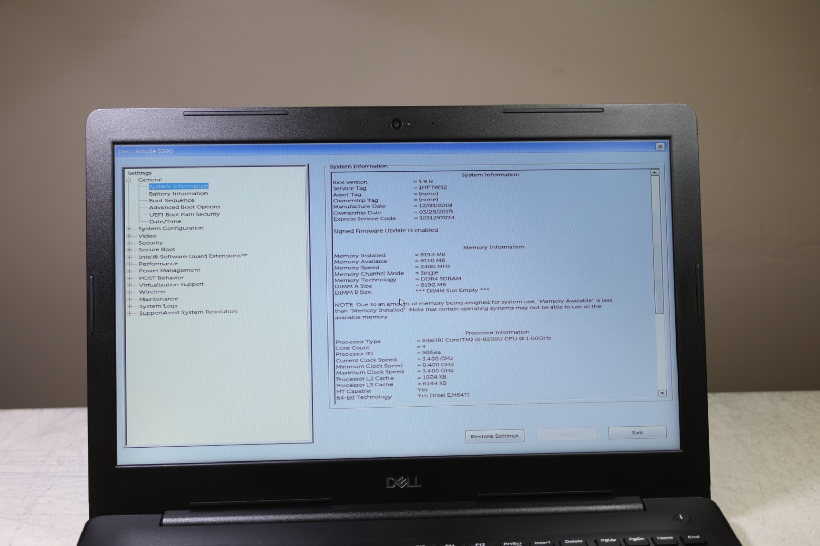 Latitude 3590 Intel(R) Core(TM) i5-8250U CPU @ 1.60GHz-8GB RAM-500GB HDD-NO OS