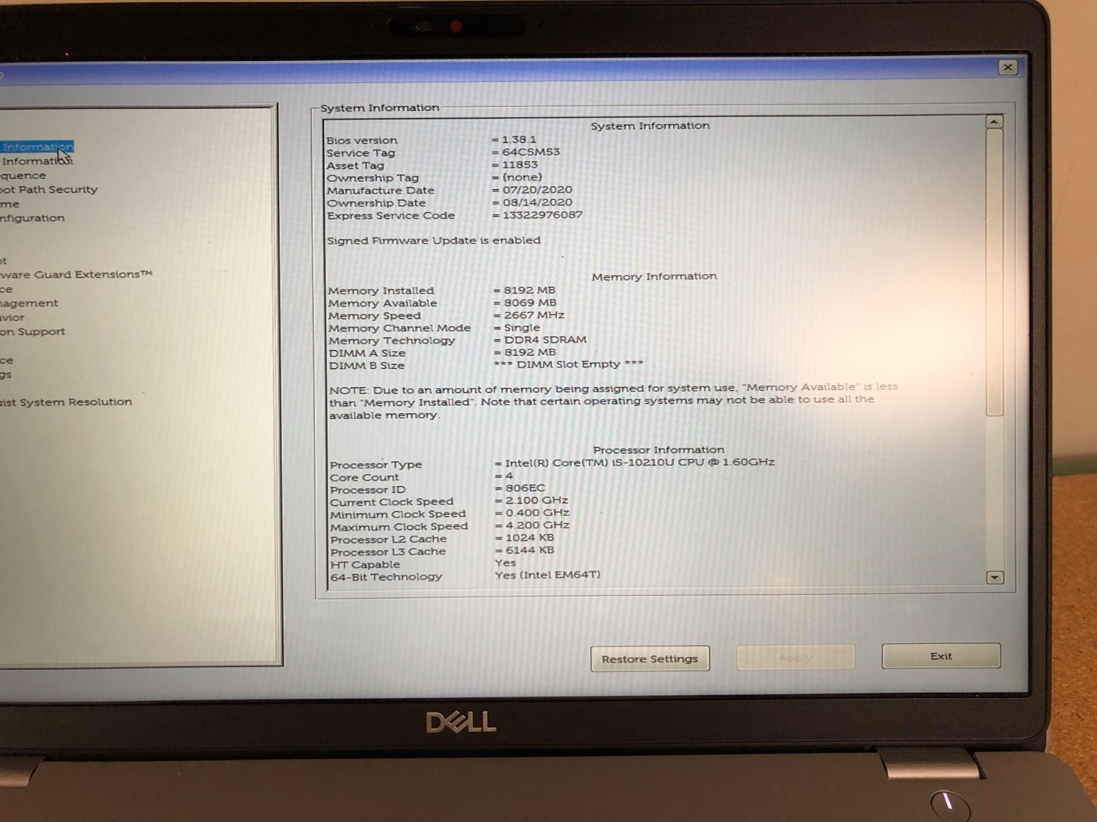 Dell Latitude 5510 sku 6783 15.6″ i5-10210U 8GB RAM Win11 NO SSD or A/C Tested!