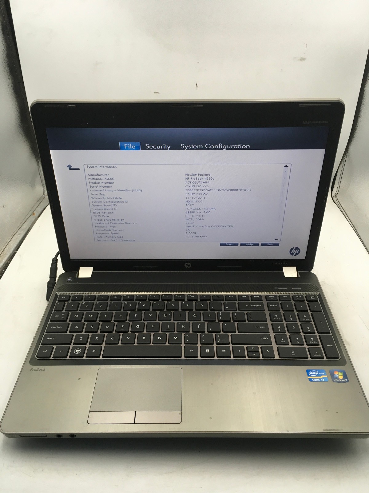 HP PROBOOK 4530S – BOOTS TO BIOS – INTEL I3 2350M – NO RAM – READ DESCRIP – BB !