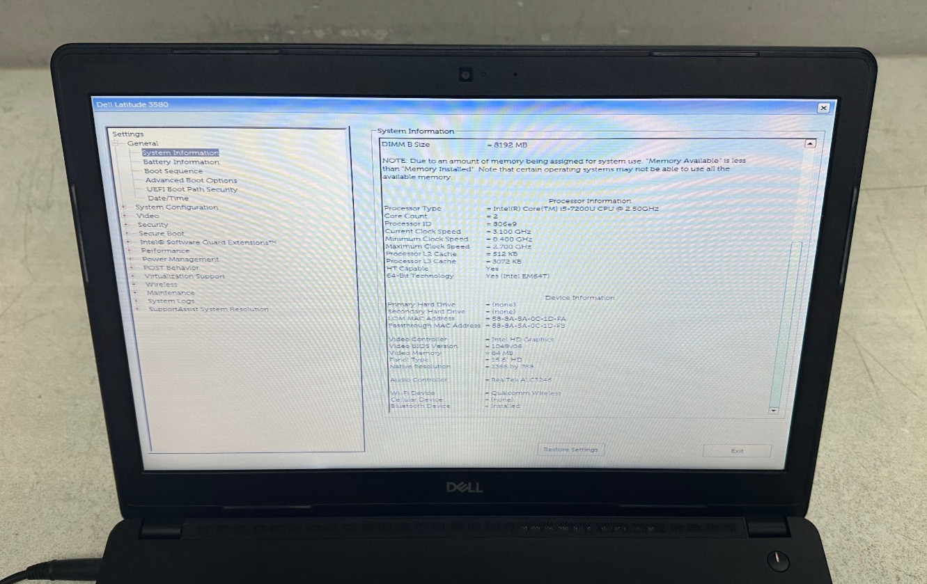Dell Latitude 3580 15.6 HD (i5-7200U, 16GB RAM, Boot To Bio) NO HD/BATT/ADAPTER