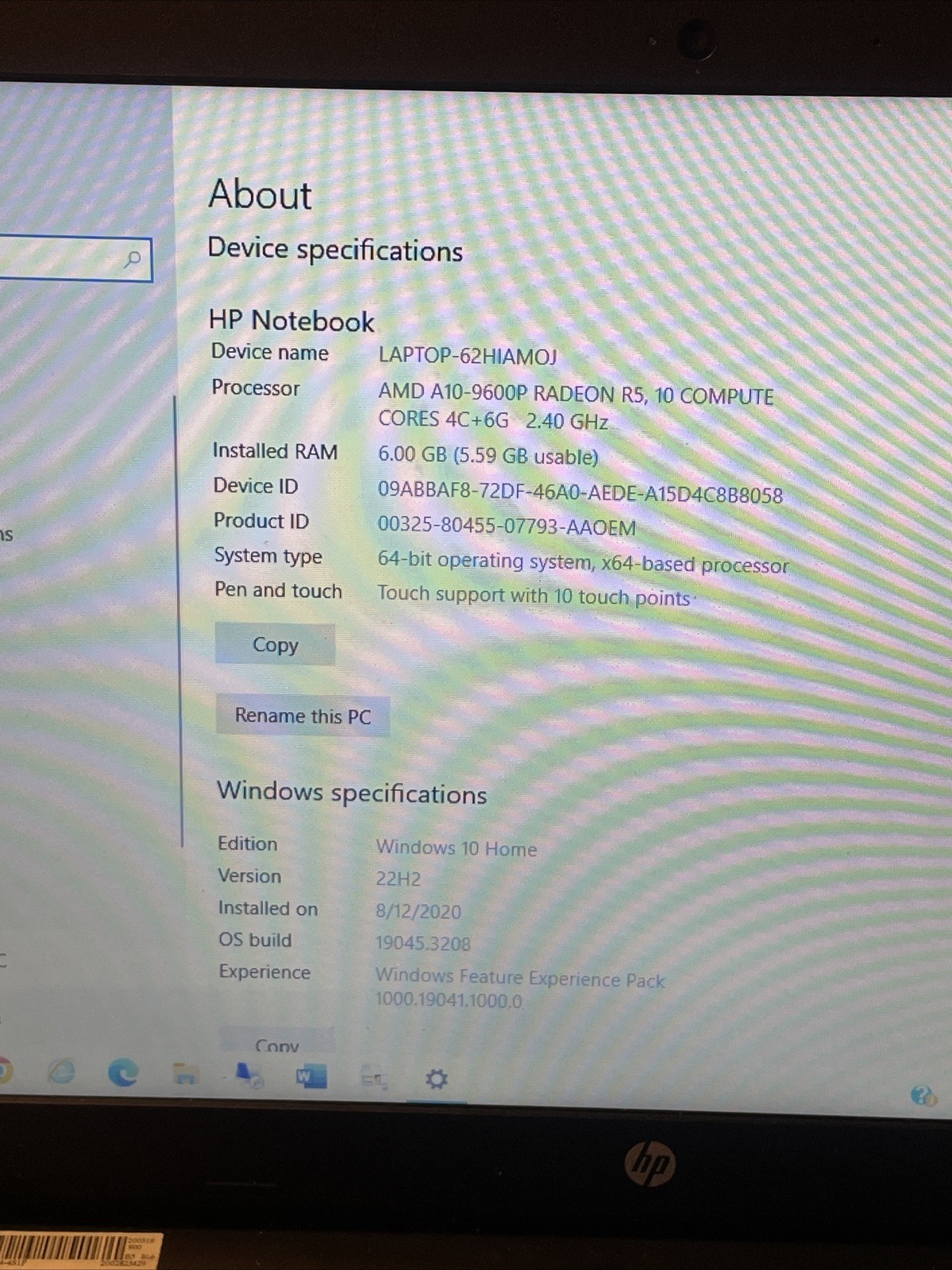HP 15-ba079dx AMD A10-9600p 6.0 GB 64-bit Op System 15.6” Touch Screen Win. 10