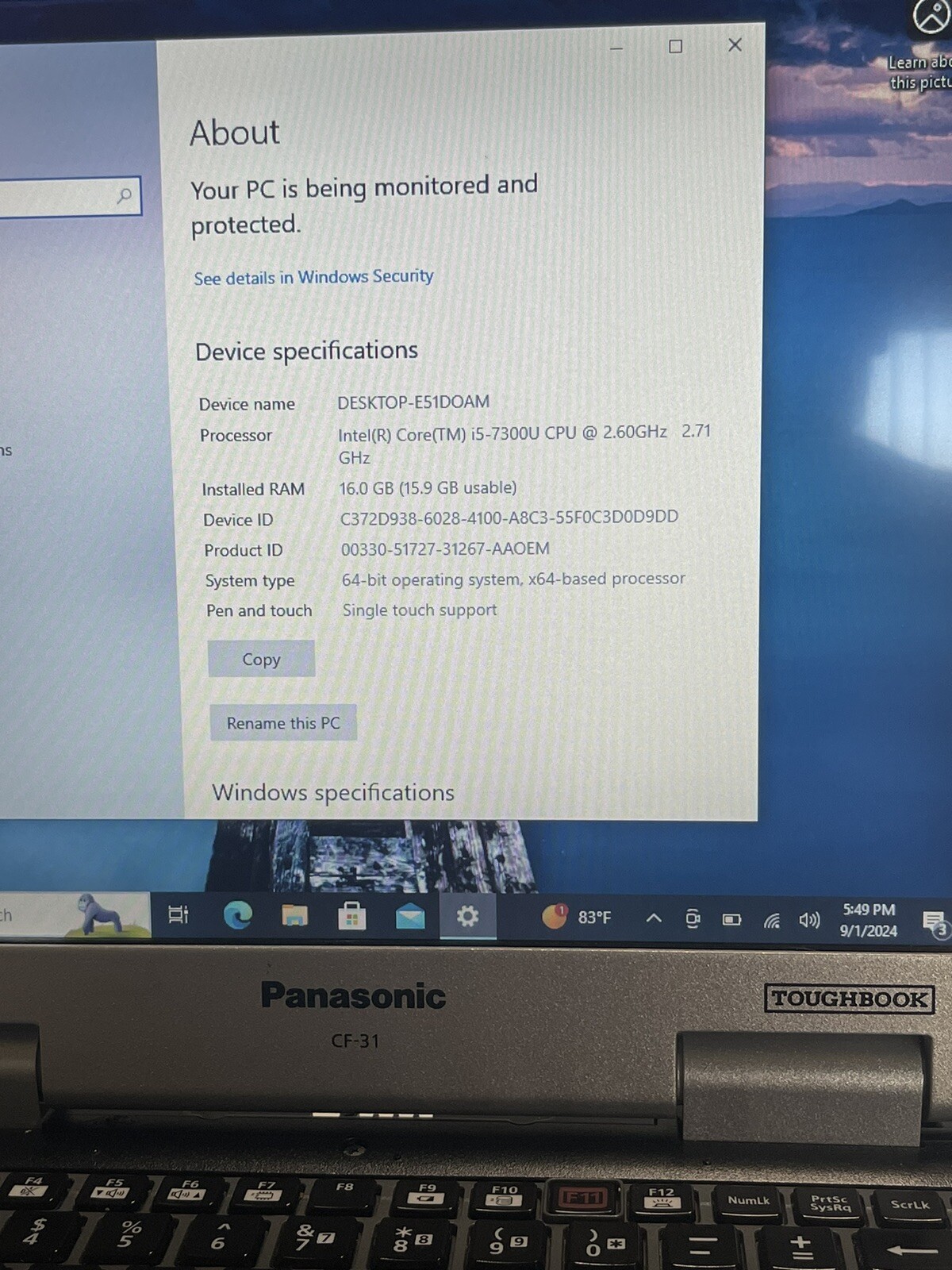 Panasonic Toughbook CF-31 MK6 I5-7300U 2.70 ghz 16gb 250 gb SSD 4G W11