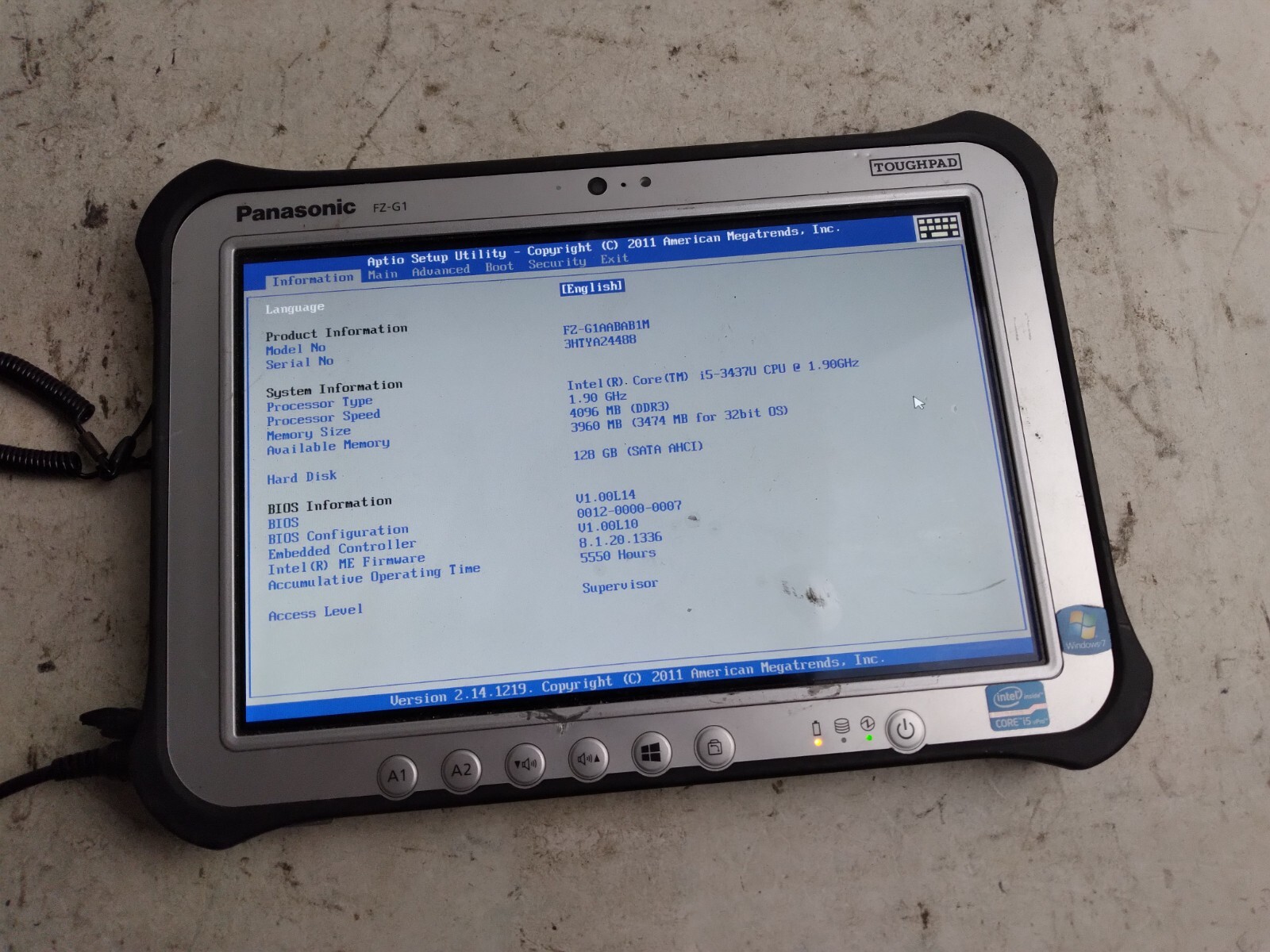 Panasonic FZ-G1AABAB1M w/i5-3437U, 4GB RAM, 120GB HDD, 10″ Touchpad for parts