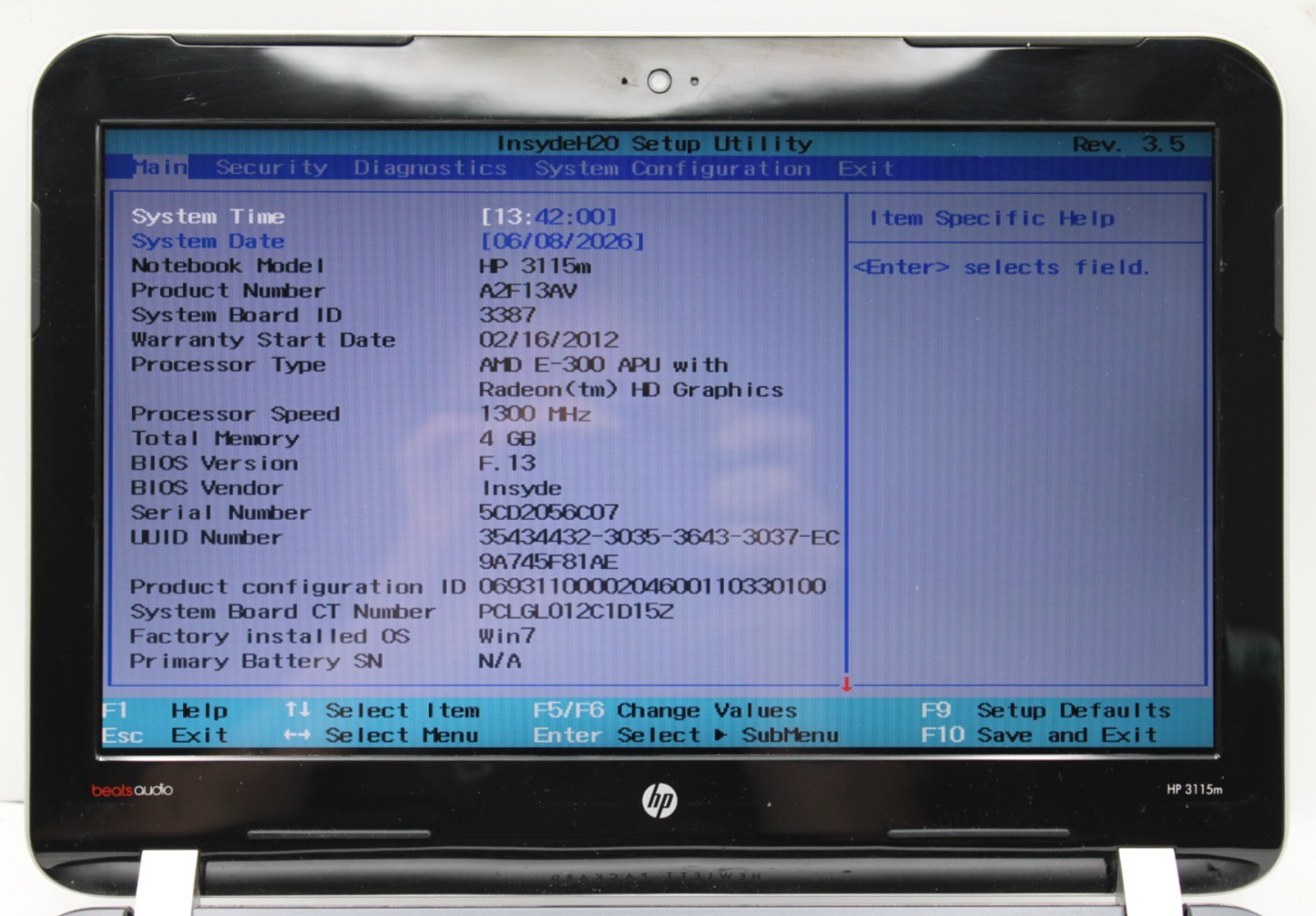 HP 3115M AMD E1-E-450@1.65GHz 4GB DDR3 NO STORAGE BATTERY OR OS *USED/TESTED*