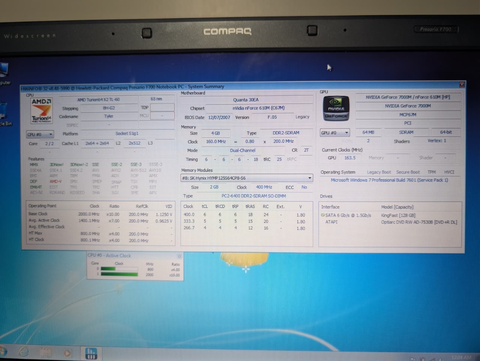 15″ HP Compaq Presario F700 | AMD X2 4GB RAM 128GB SSD | NVIDIA Win 7 Pro DVD+RW