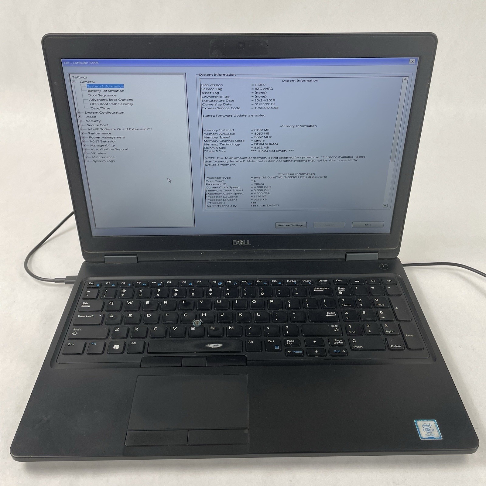 Dell Latitude 5591 15.6″ i7-8850U 2.60 GHz 8 GB RAM No SSD No OS No Battery