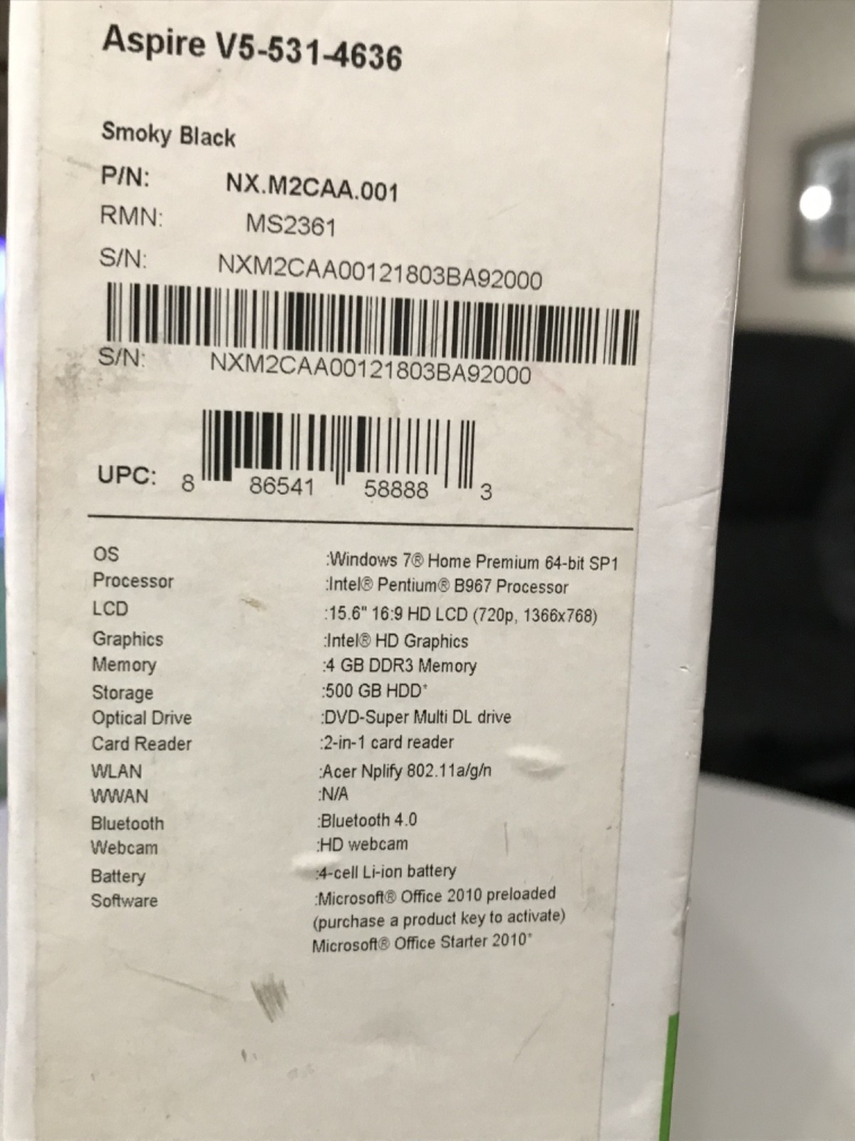 ACER ASPIRE V5-531-4636 W/ADAPTER/FIVE RECOVERY DISCS/QUICK START GUIDE/LOCKED