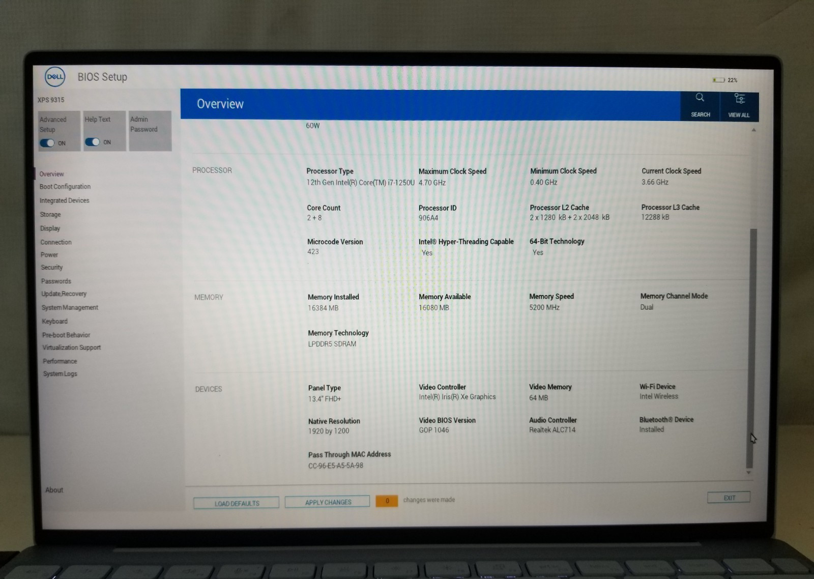 Dell XPS 9315 / Intel Core i7-1250U 3.66GHz / 16GB RAM