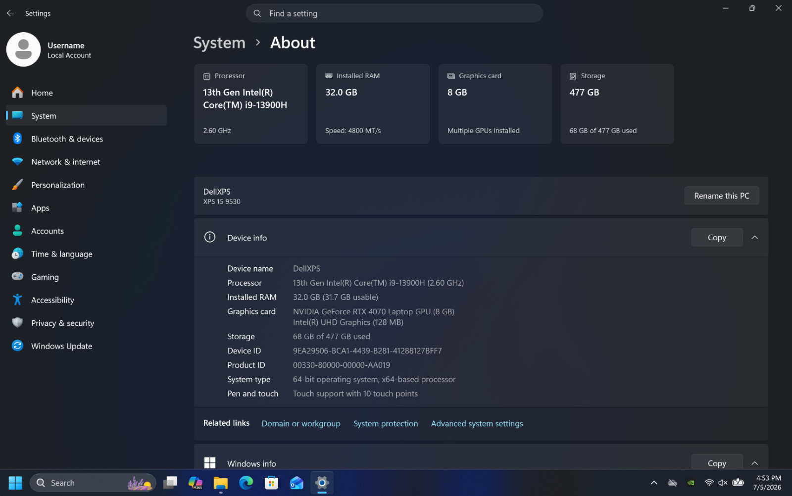 Dell XPS 15 9530 15.6″ 512GB Intel Core i9-13900H 2.6GHz 32GB NVIDIA RTX 4070