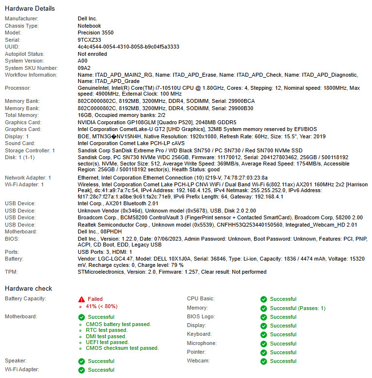 Dell Precision 3550, i7-10510U CPU, @1.80GHz, 16GB RAM, 256GB NVMe-No OS/Charger