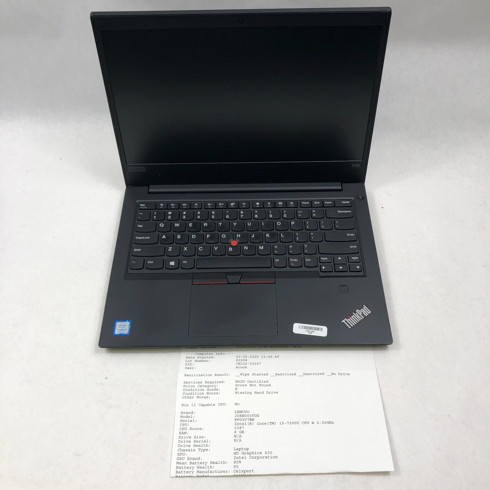 4 Lot Lenovo Thinkpad E480/E470 i5-7200U/6200U 2.5GHz 8GB RAM 1x 256GB/3x NO SSD
