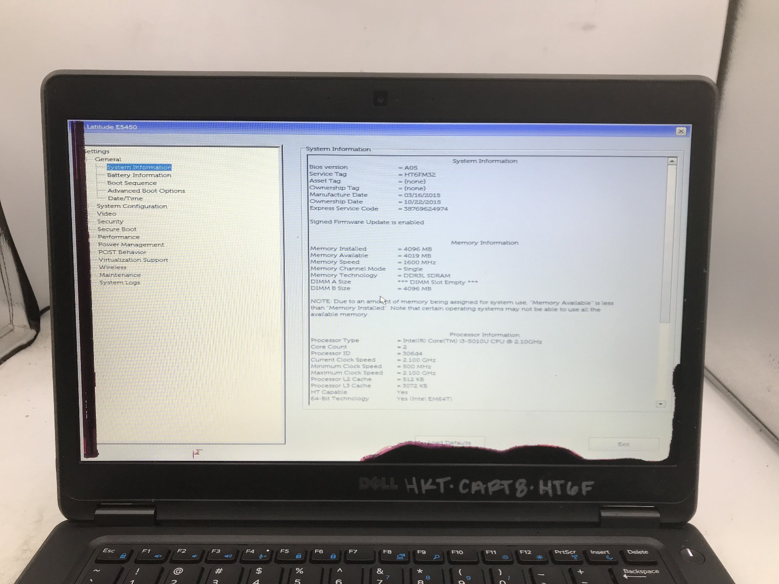 DELL LATITUDE E5450 – BOOTS TO BIOS/BAD LCD – INTEL I3 5010U – NO RAM – READ -BB