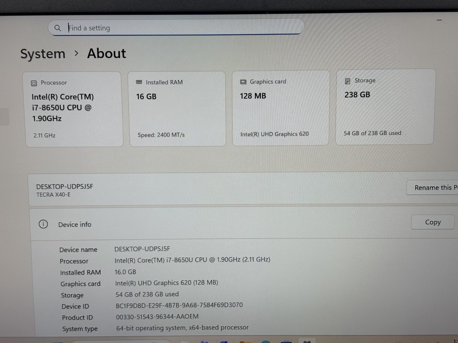 Toshiba DynaBook Tecra X40-E Intel i7-8th Gen 1.90GHz 16GB RAM 256GB SSD Win11P*