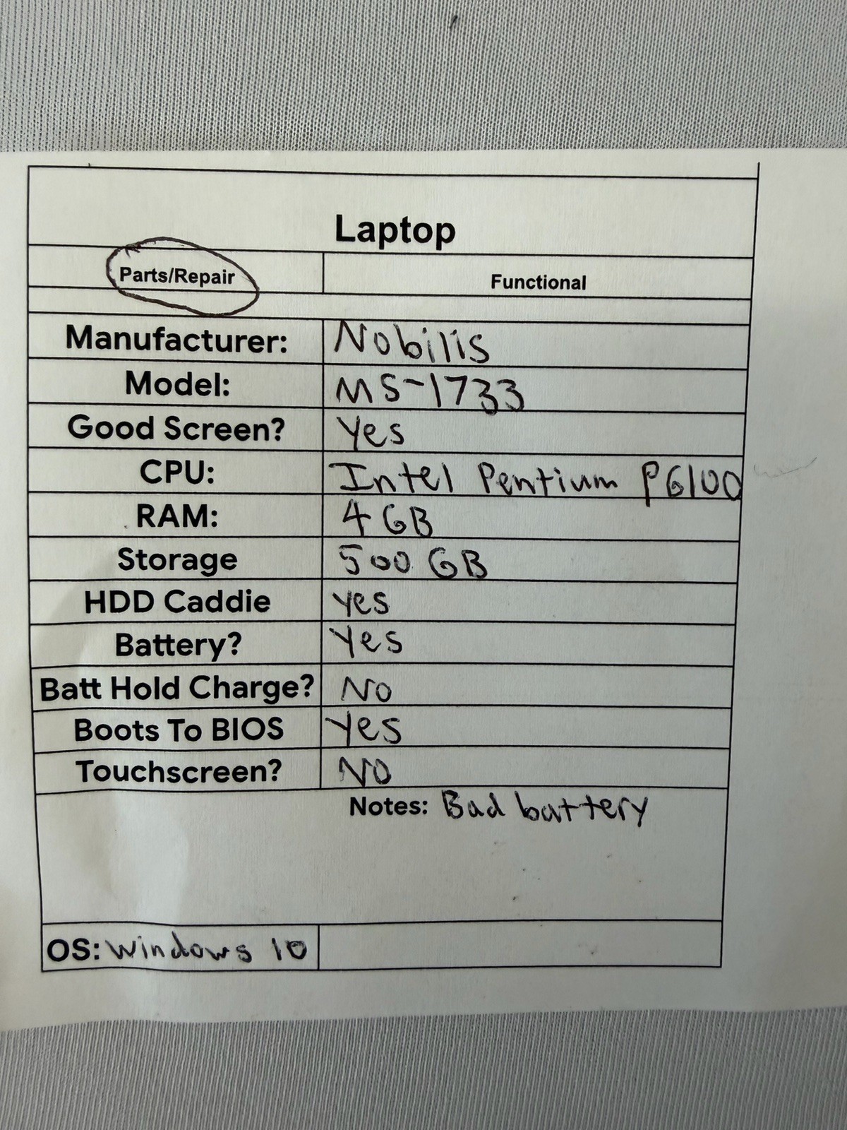 Nobilis MS-1733 Laptop – Good Screen – Intel Pentium P6100 – Read Des