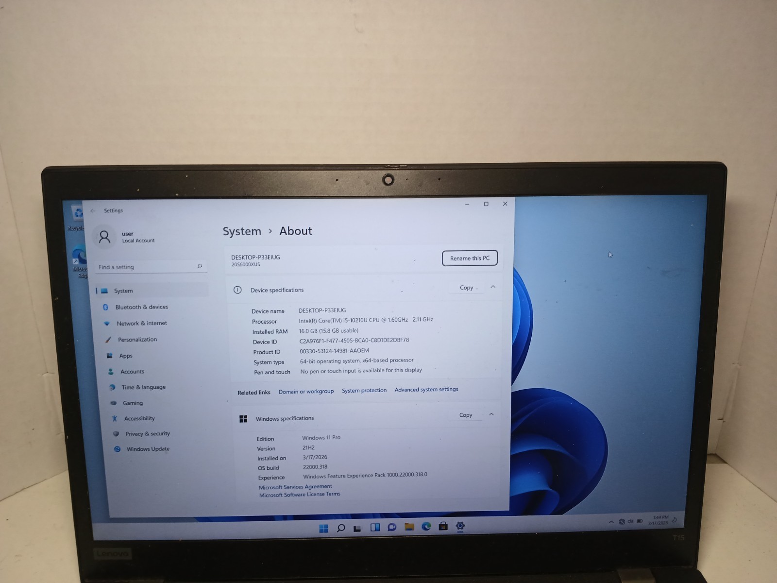 Lenovo ThinkPad T15 15.6″ Laptop i5-10210u 16GB RAM 256GB SSD Win11 #97