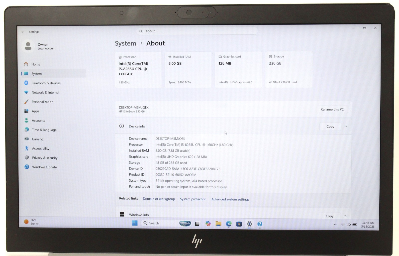 HP Elitebook 850 G6 15.6″ 256GB SSD 8GB RAM Win 11 Pro 1.6GHz i5-8265U; 6181271