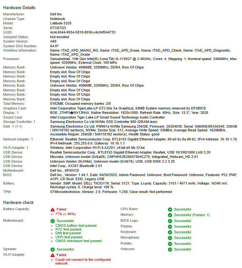 Dell Latitude 5320, Core i5-1135G7, @ 2.40GHz, 8GB RAM, 256GB NVMe-No OS/Adapter