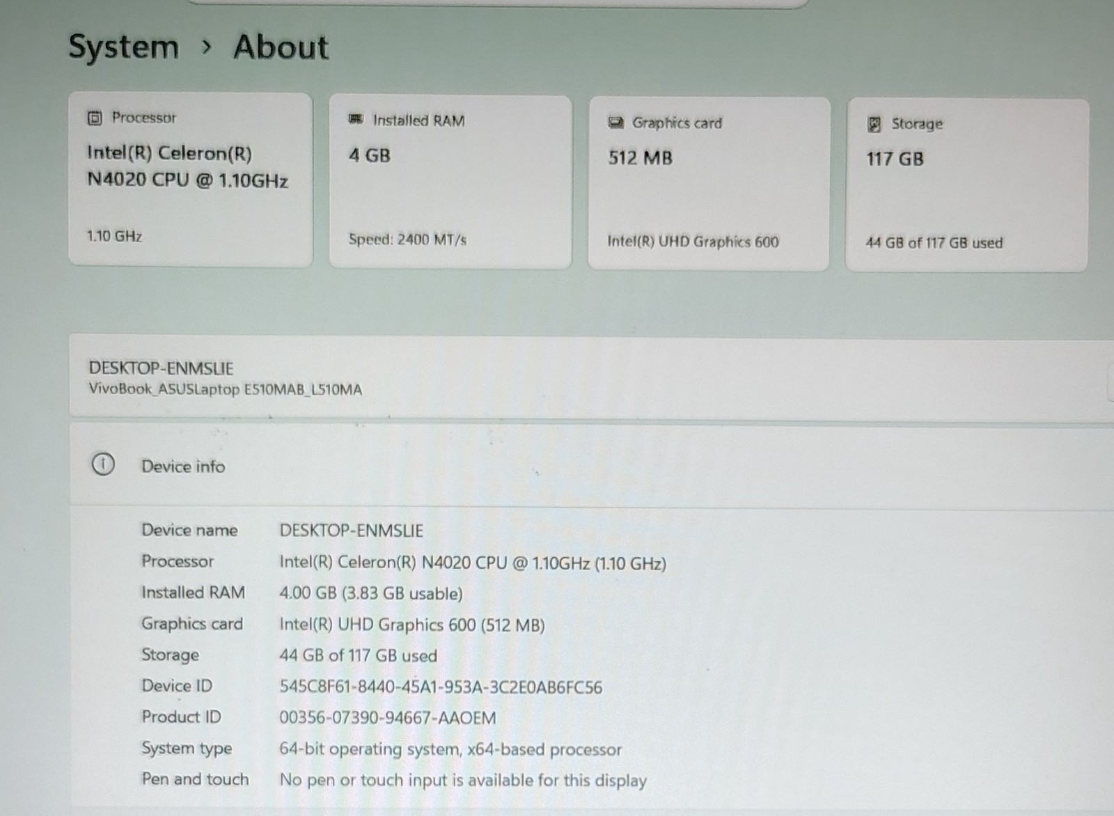 Asus E510 FHD 15.6″ Intel N4020 / 128GB eMMC / 4GB RAM Laptop Backlit KB White