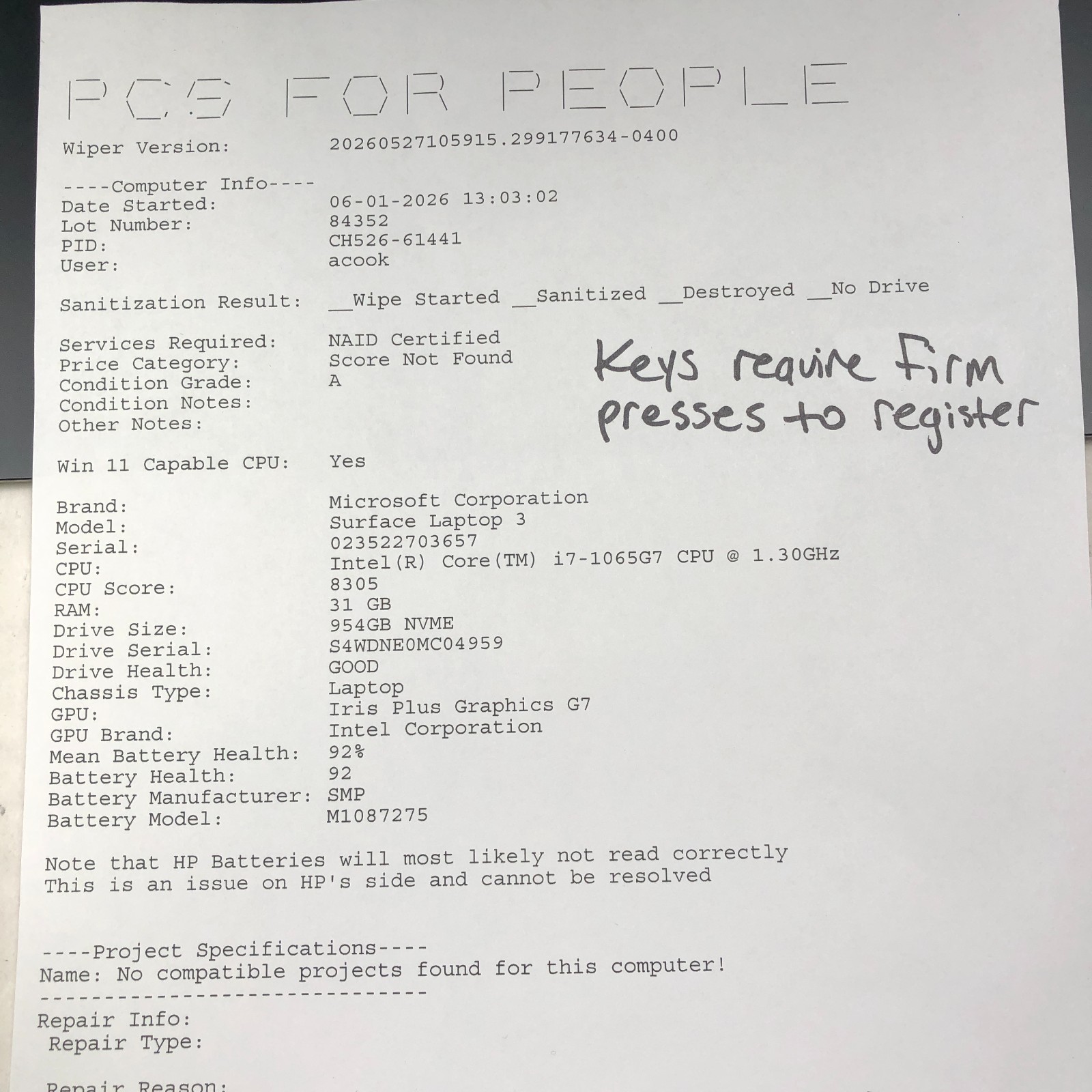 Microsoft Surface Laptop 3 1872 i7-1065G7 32GB 1TB SSD Win 11 Pro No CoA READ*