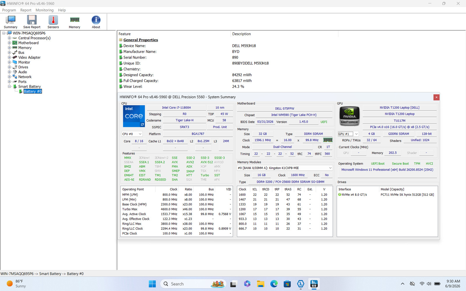 Dell Precision 5560 15.6″ FHD+ I7-11800H 512GB SSD 32GB W11P T1200 IRCam