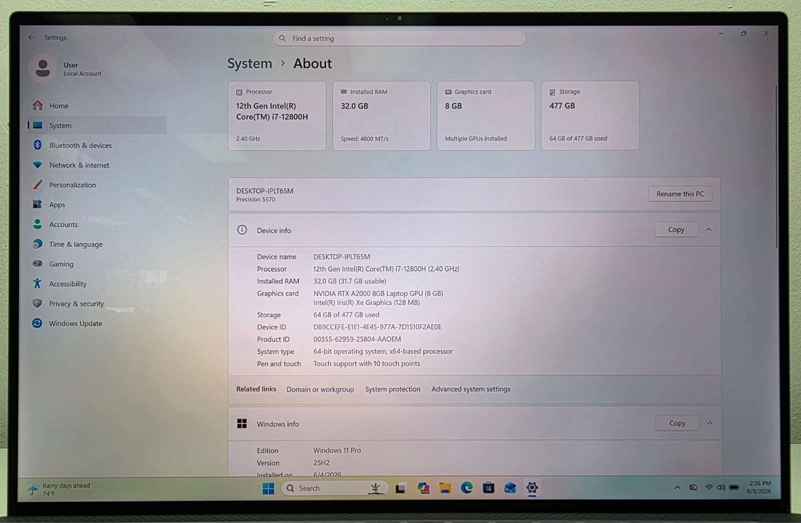Dell Precision 5570 15.6″ 4K i7-12800H 2.40GHz 32GB RAM 512GB SSD RTX A2000 8GB
