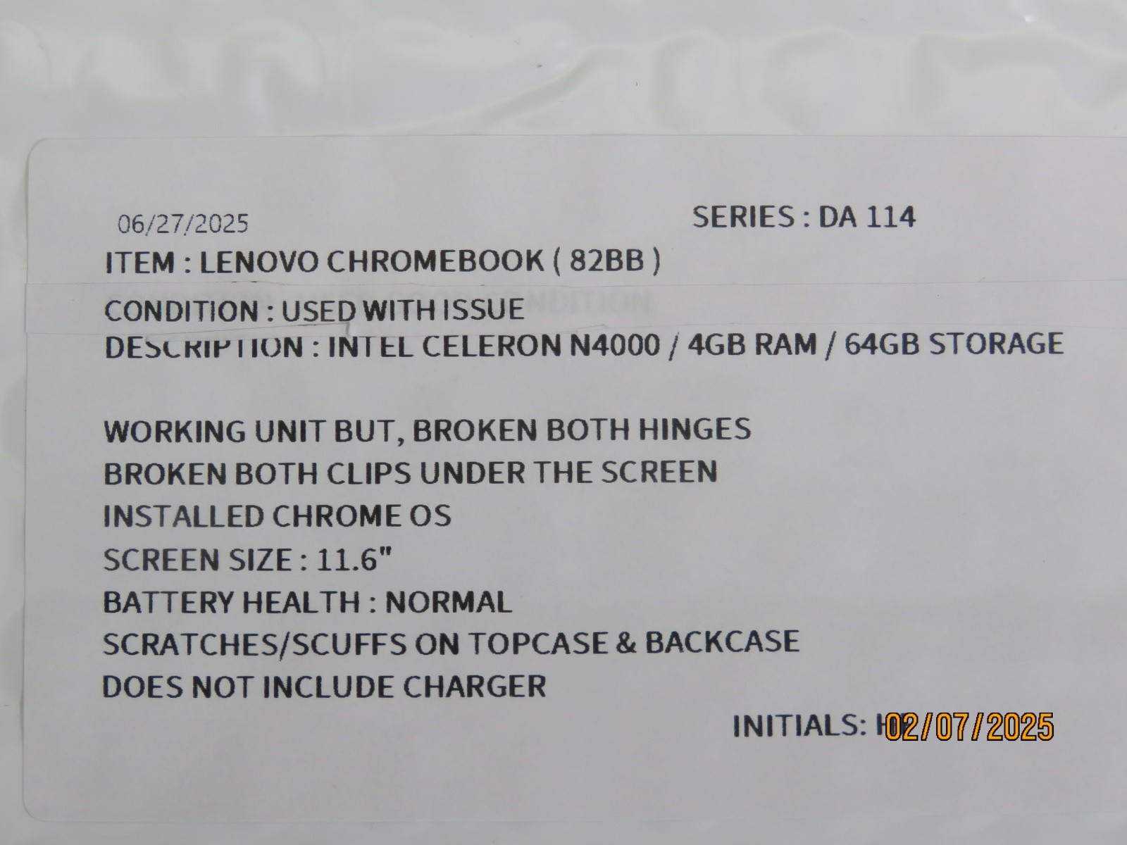 LENOVO CHROMEBOOK (82BB) INTEL CELERON N4000 4GB RAM 64GB 11.6″ [DA114]