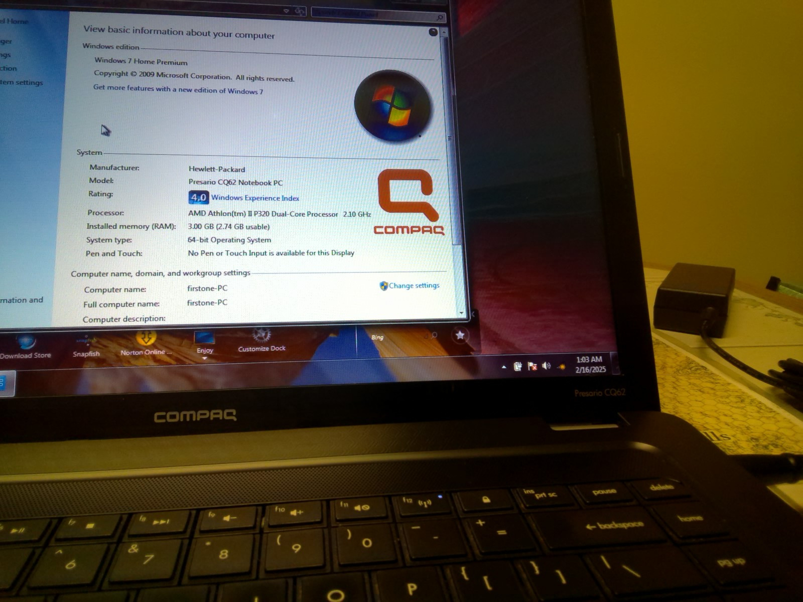 Compaq Presario CQ62-220 AMD Athlon II Dual Core 2.1Ghz 320GBHdd 3GB Ram Win7