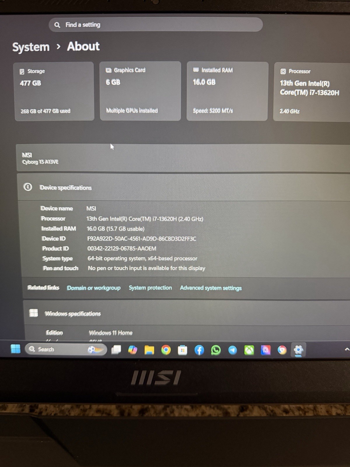 MSI Cyborg 15 Gaming Laptop RTX 4050 I7-13620H 16GB RAM