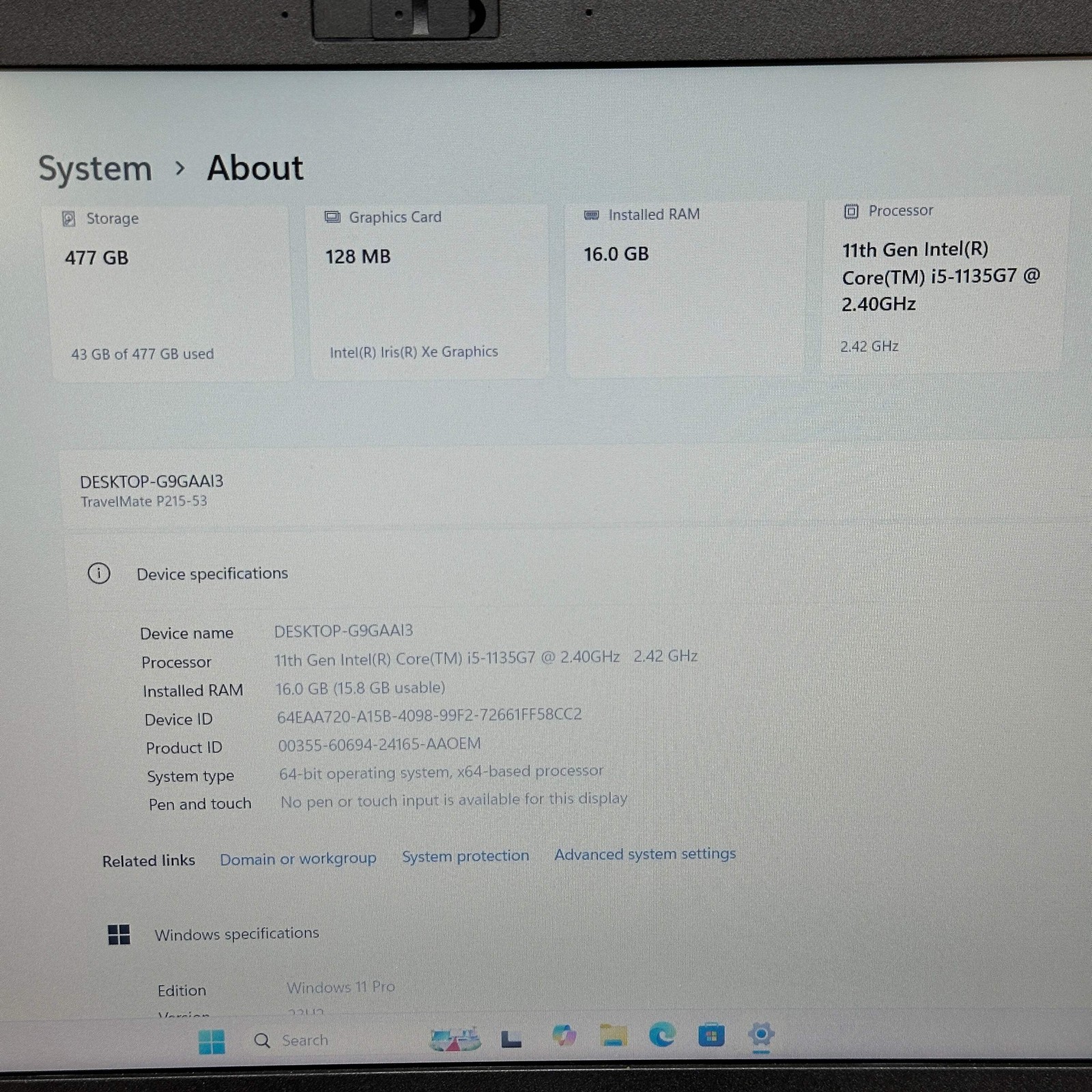 Acer TravelMate P215-53 15.6″ i5-1135G7 2.4GHz 8GB RAM 256GB SSD