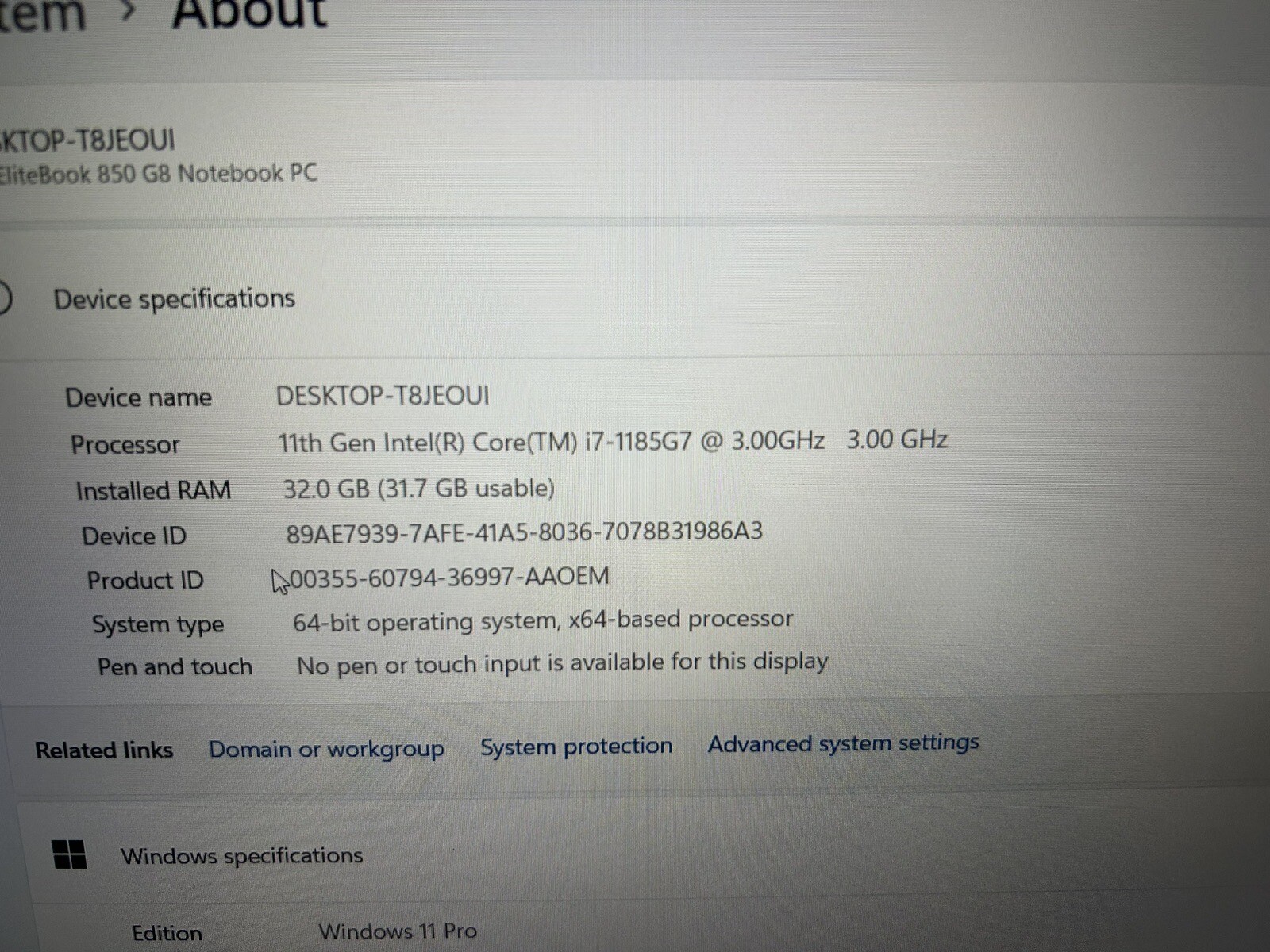 HP EliteBook 850 G8 Laptop, 11th Gen Intel i7, 32GB RAM, 512GB SSD, Win 11 Pro