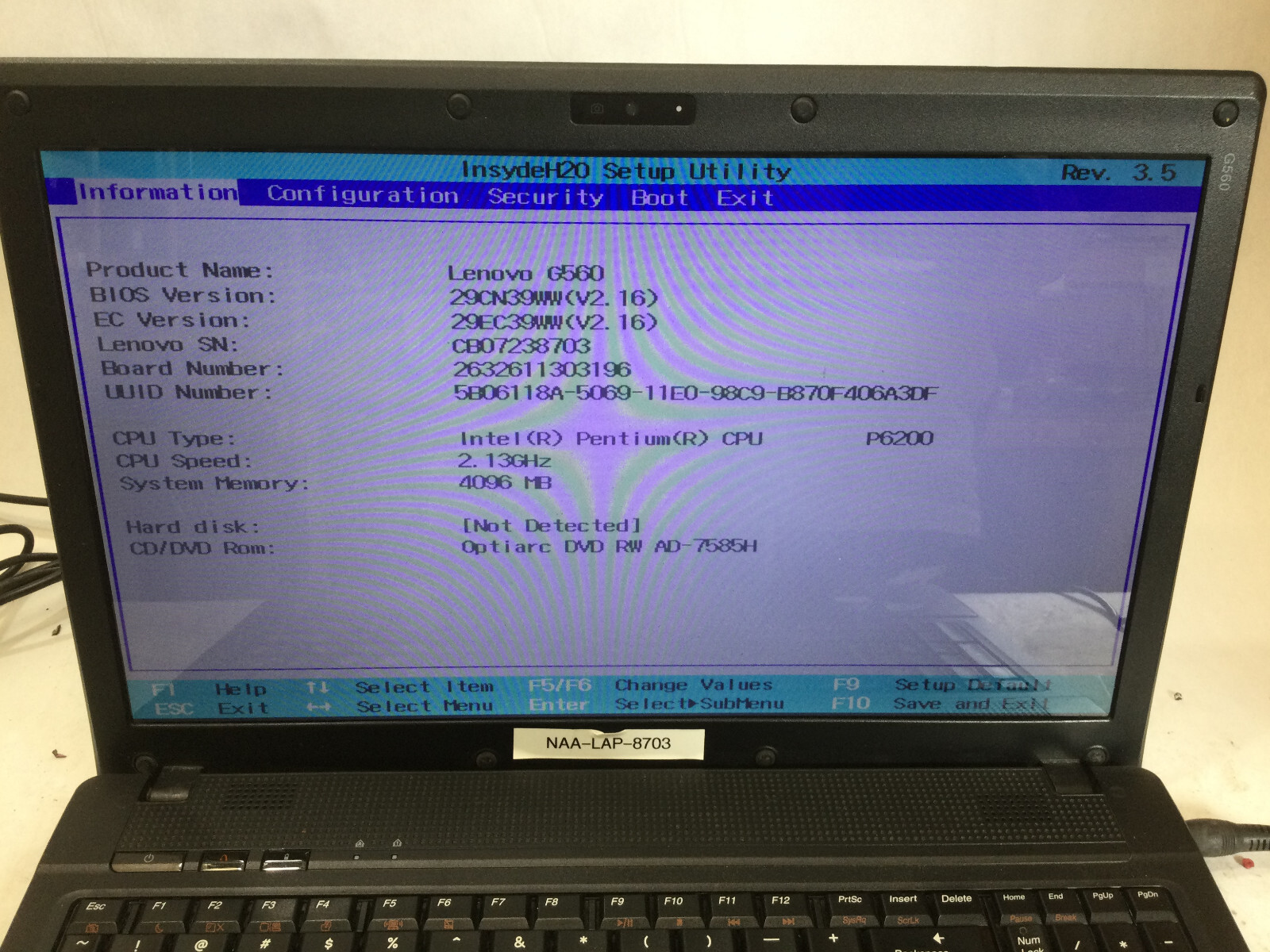 LENOVO G560 – BOOTS TO BIOS – 4GB RAM – INTEL PENTIUM P6200 -READ BELOW – BB!!!!