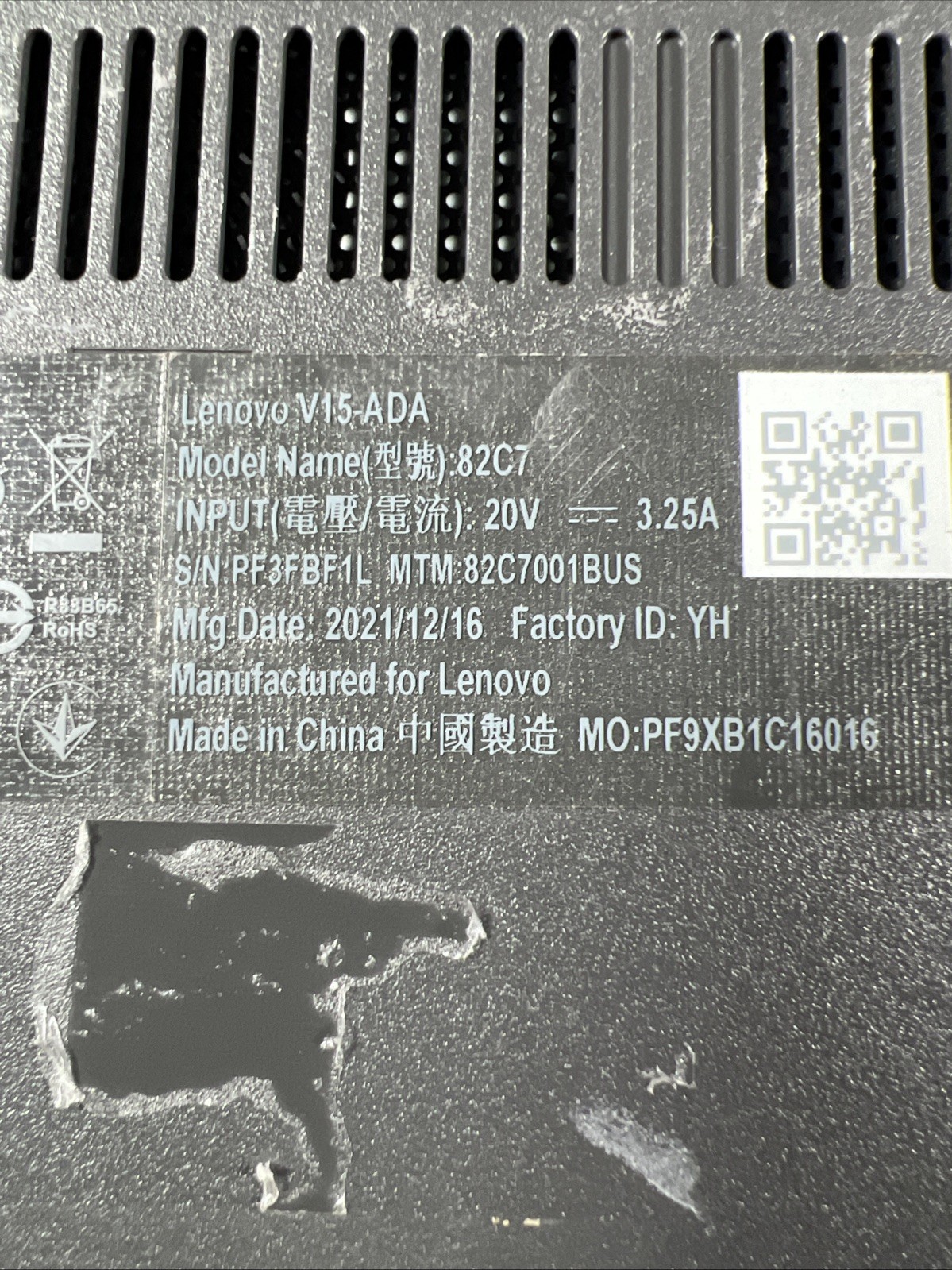 LENOVO V15-ADA AMD ATHLON GOLD 3150U 8GB RAM **NO HD/ NO CADDIE/ NO OS