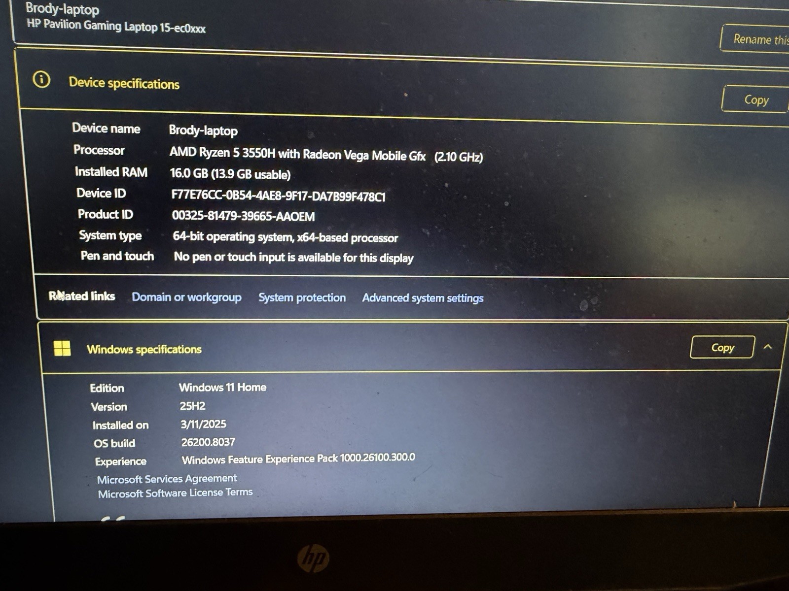 HP Pavilion Gaming 15-ec0xxx AMD Ryzen 5 16GB RAM Radeon Vega Windows 11