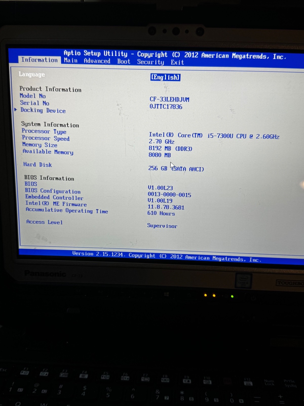 PANASONIC TOUGHBOOK CF-33 12″ i5-7300U@2.60GHz 8GB RAM 512GB Bios Psswd Is Lockd
