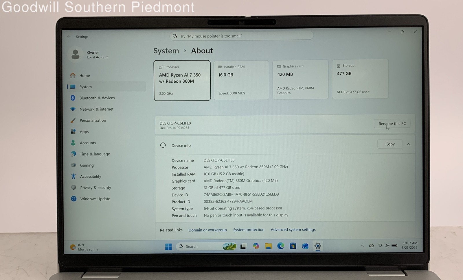 Dell Pro 14 (PC14255) AMD Ryzen AI 7 350 2.00GHz 16GB RAM 512GB SSD Win 11