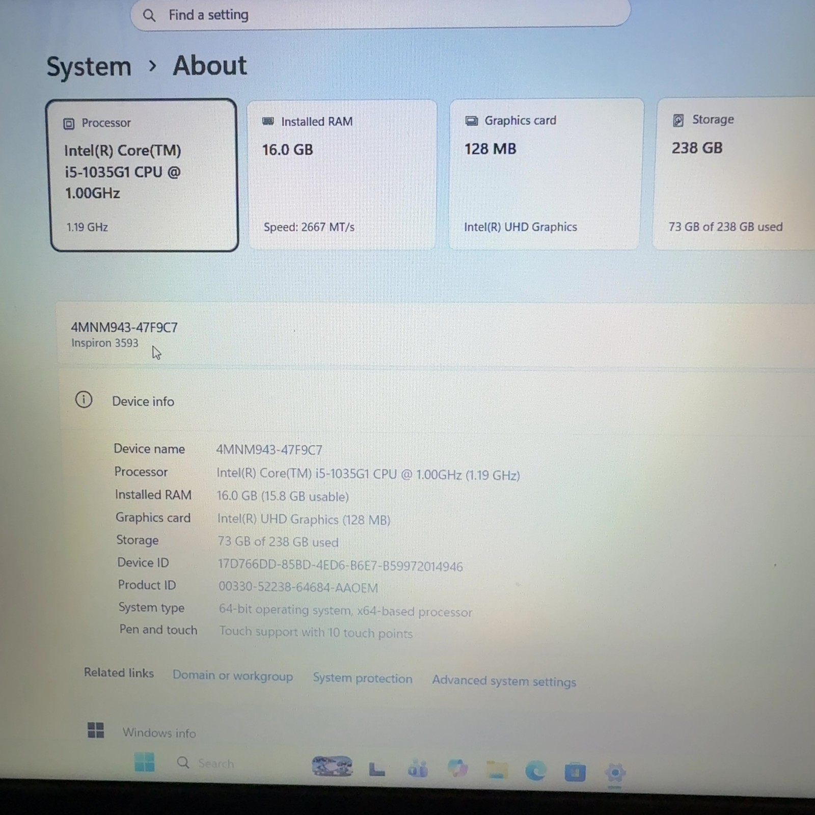 Dell Inspiron 3593 15.6″ i5-1035G1 16GB RAM 256GB NVMe SSD Win 11 Pro
