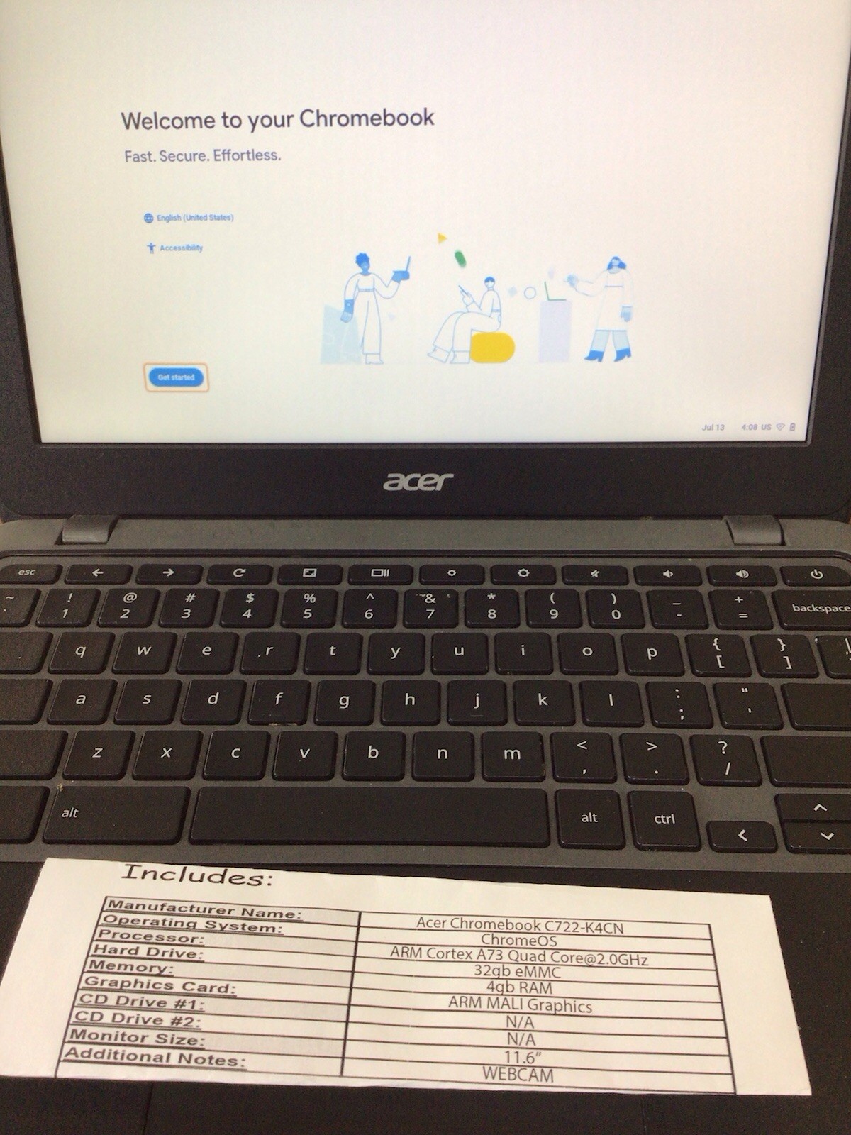Acer Chromebook C722-K4CN 11.6″ Laptop ARM Cortex A73 2.0GHz 4GB 32GB eMMC +CASE