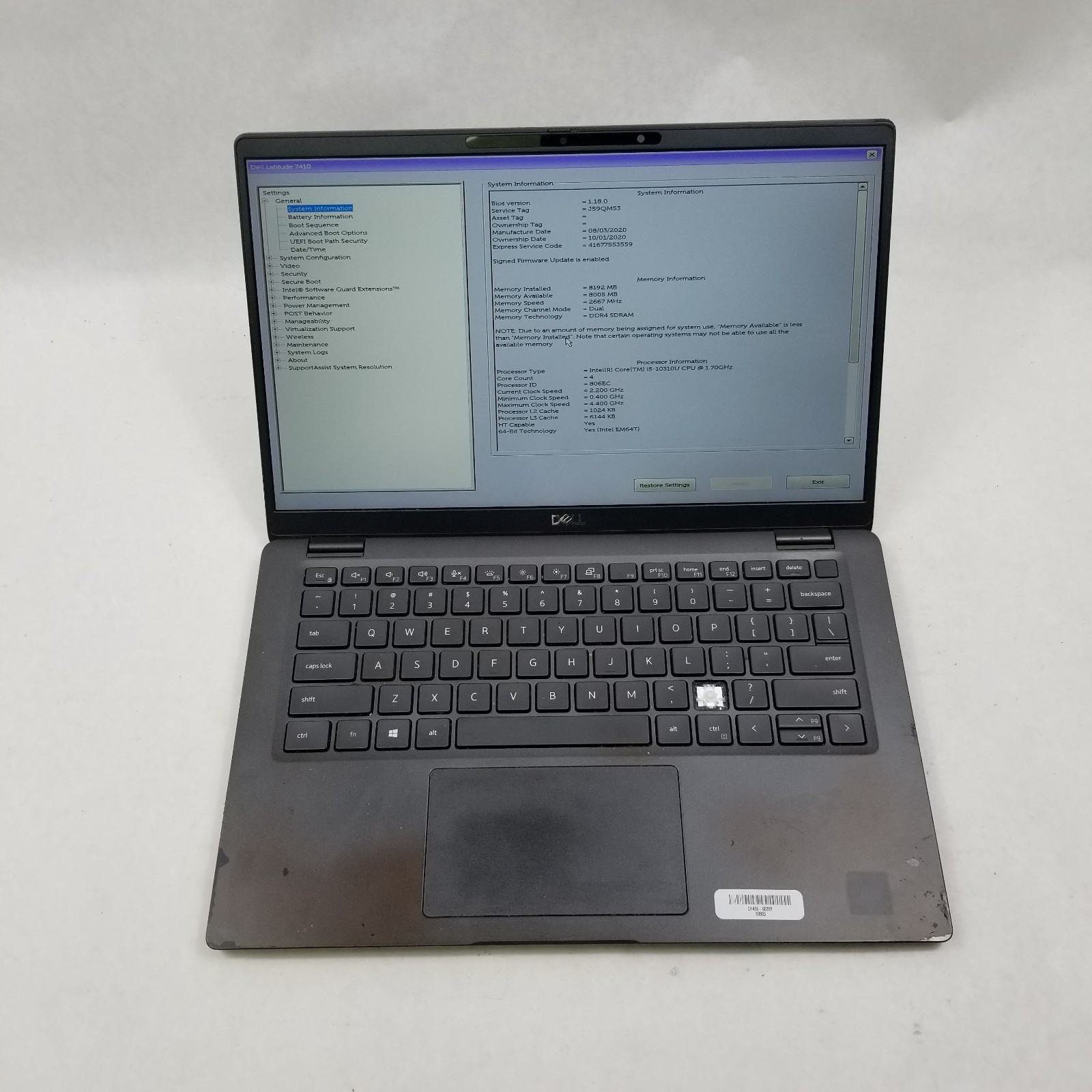 Dell Latitude 7410 Laptop i5-10310U 1.7GHz 8GB 256GB SSD No OS 14″ *Read*