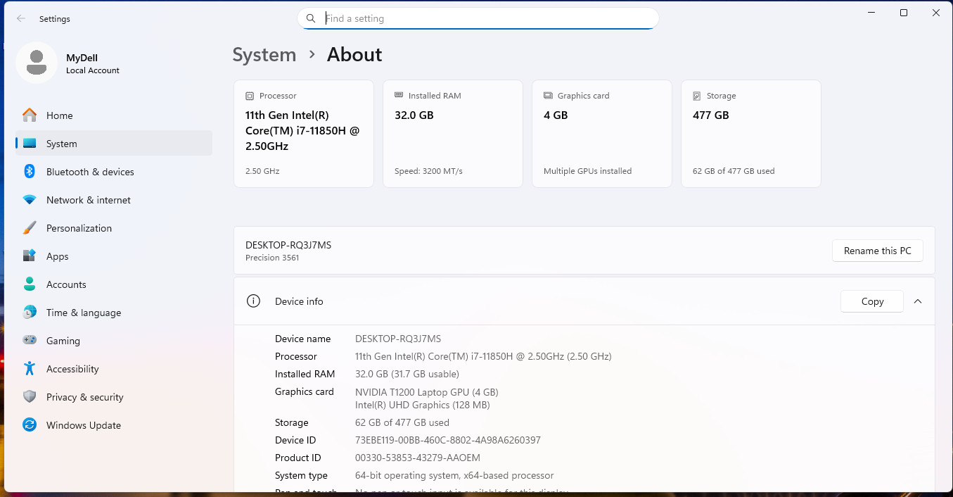 Dell 3561 15.6″ Intel i7-11850H 2.50 GHz 32GBRam 500GB SSD Nvidia T1200GPU Win11