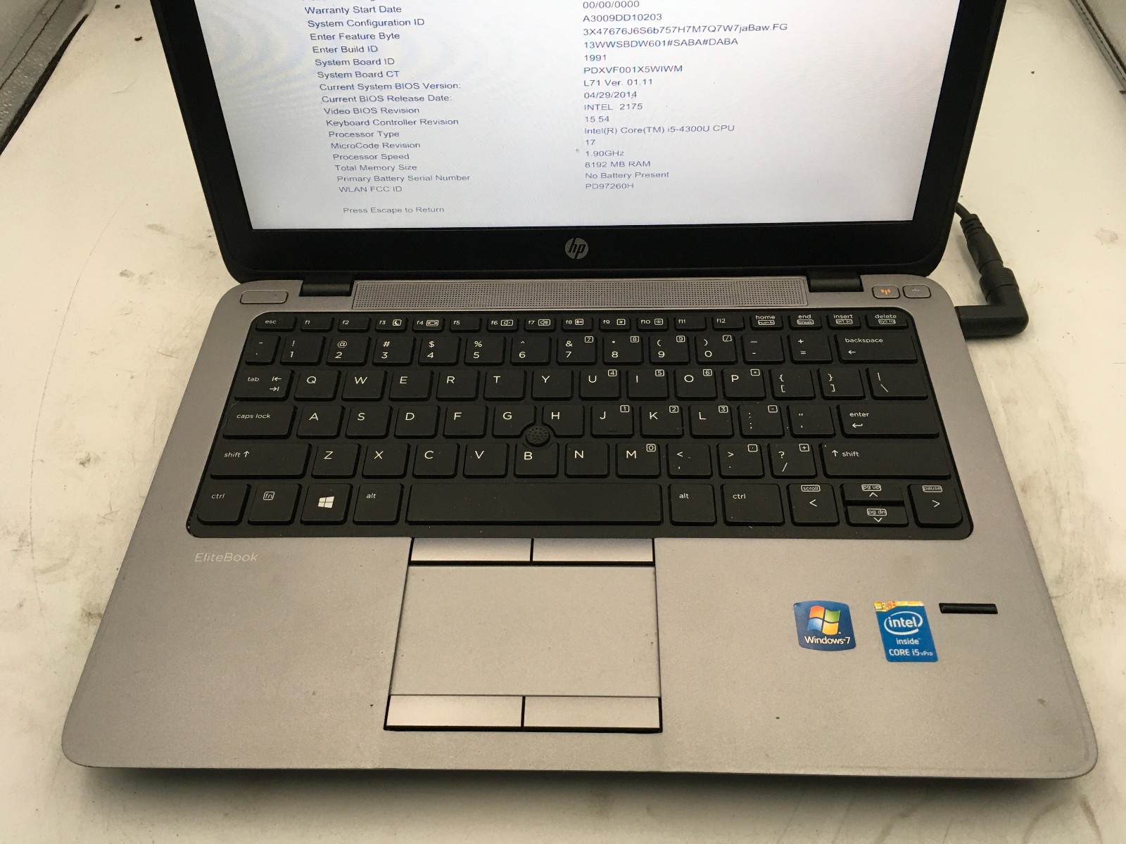 HP ELITEBOOK 820 G1 – FOR PARTS/BIOS LOCK – INTEL I5 4300U – NO RAM – READ – BB