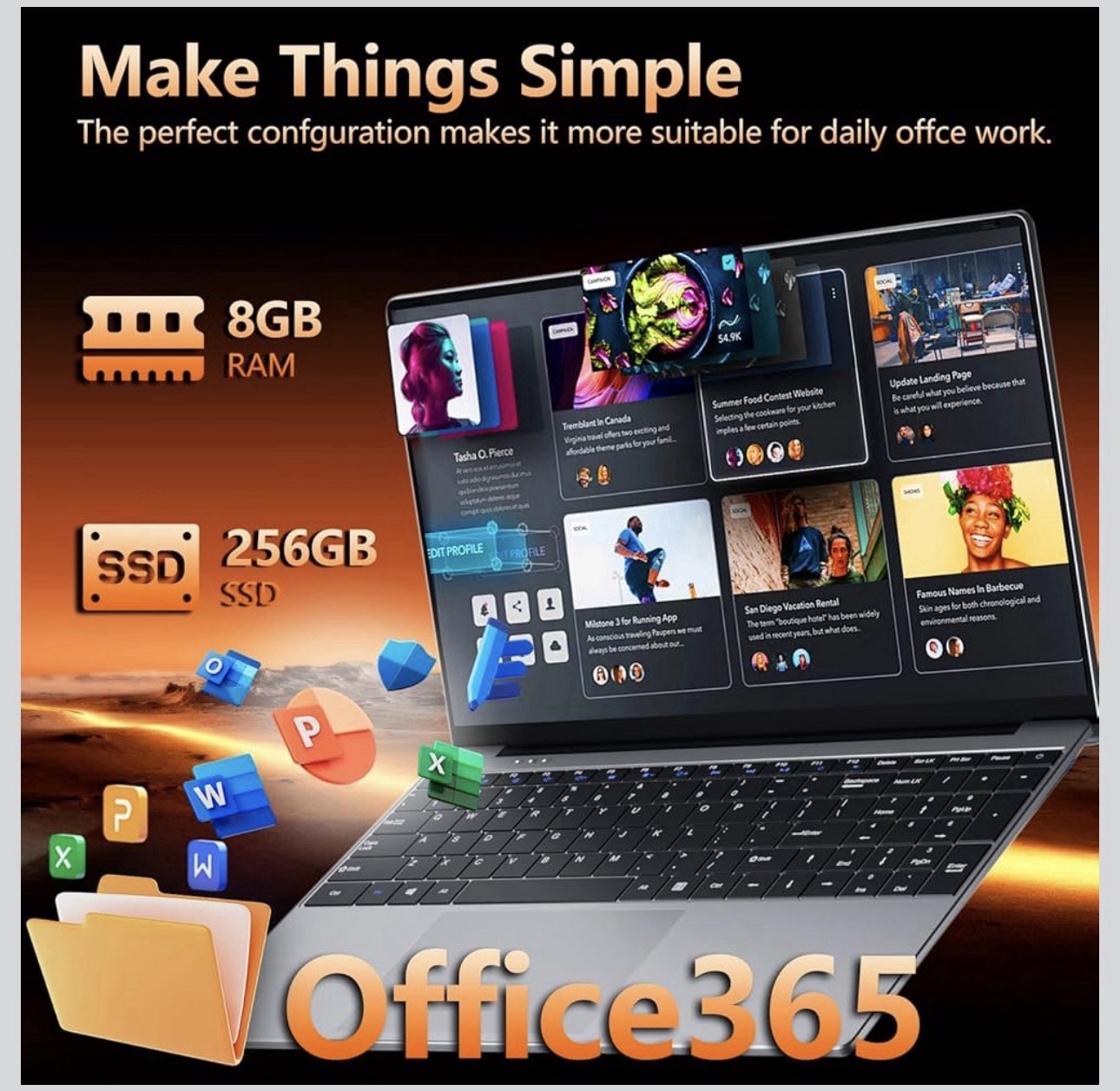 2026 15.6″ IPS 1080P Laptop Core M3-6Y30 CPU, 8GB RAM 256GB SSD, Win 11/Office
