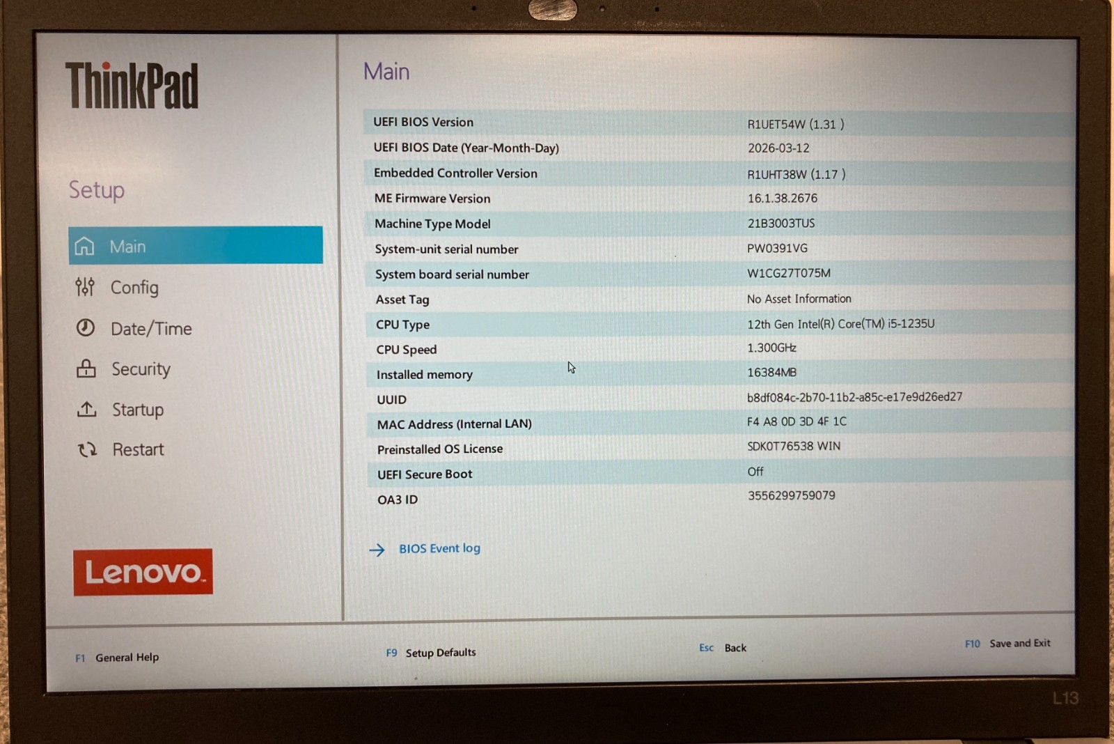 Lenovo ThinkPad L13 Gen 3 14″ Laptop i5-1235U 16GB RAM 256GB NVMe, As Is