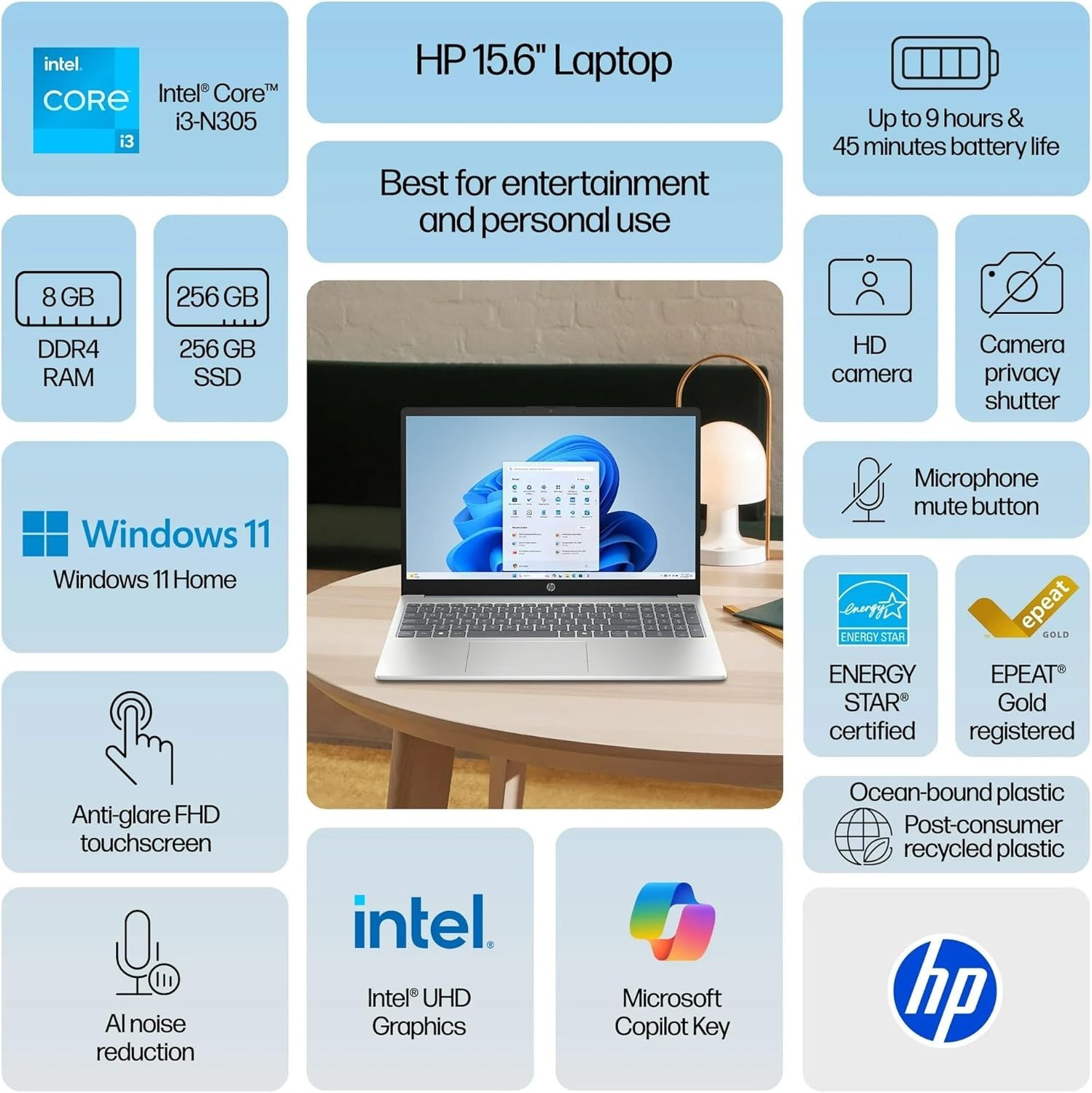HP 15.6″ FHD TouchScreen Laptop 8-Core Intel Core i3-N305 8GB DDR4 RAM 256GB SSD