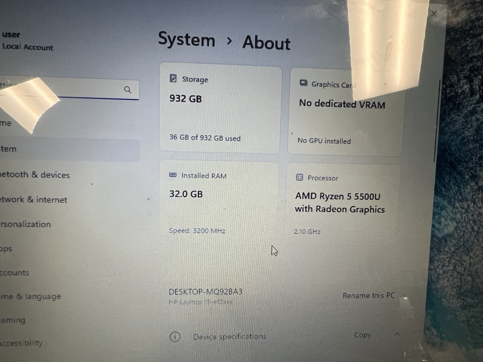HP 15 inch Laptop, HD Display, AMD Ryzen 5 5500U, 32 GB RAM, 256 GB SSD Win 11