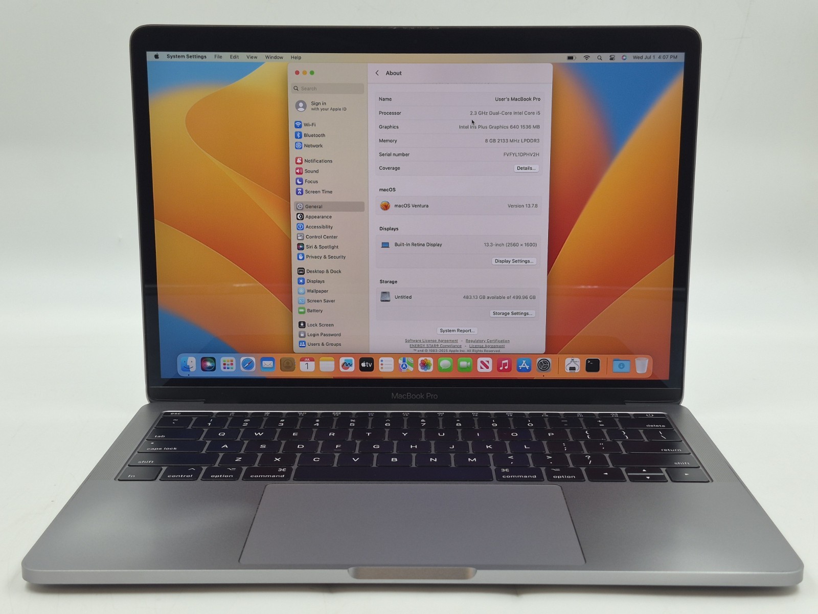 Apple MacBook Pro A1708 13″ i5-7360U 2.30GHz 8GB RAM 512GB SSD macOS