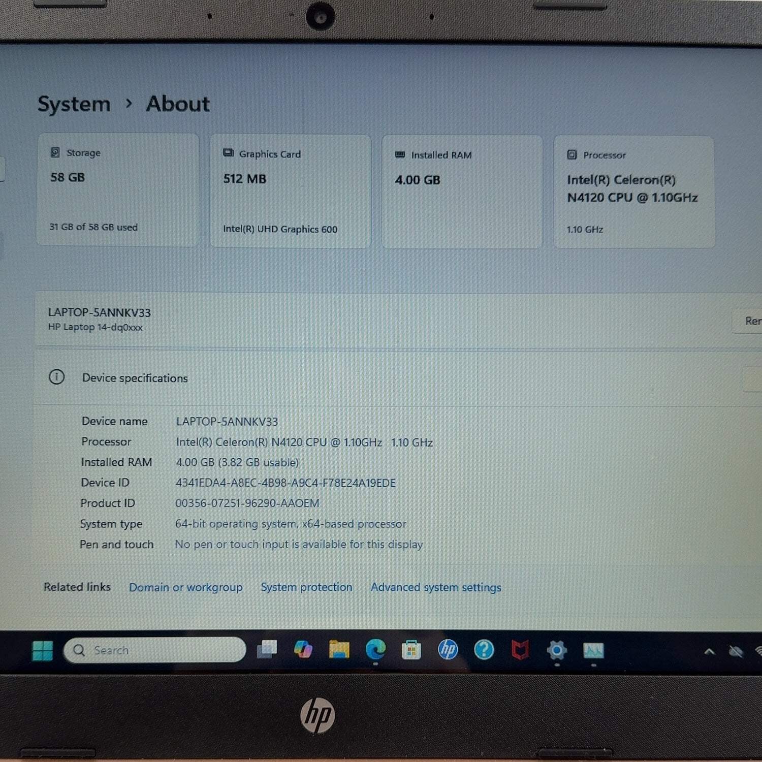 HP Laptop 14-DQ0054DX 14″ Celeron N4120 1.1GHz 4GB RAM 64GB SSD