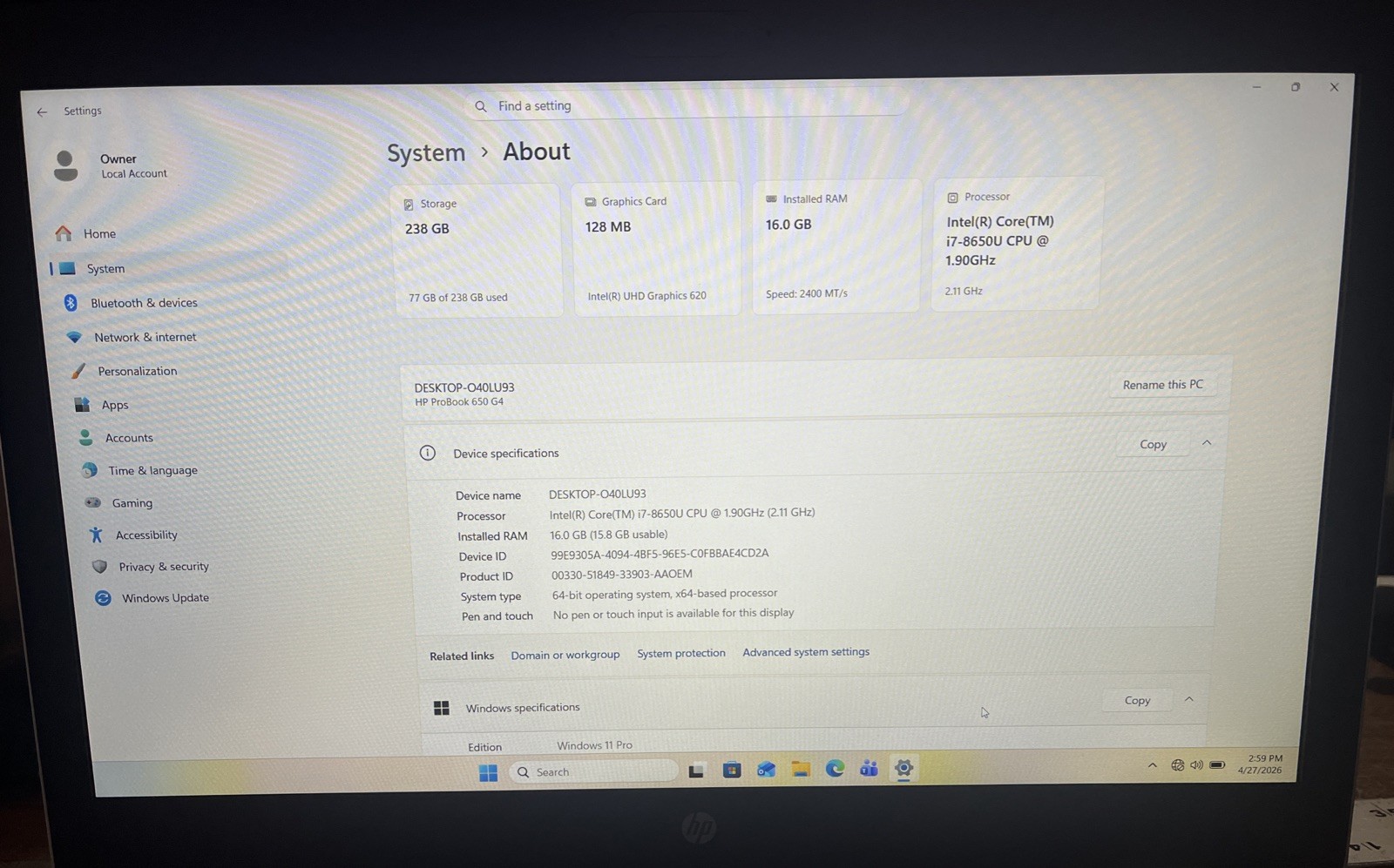HP ProBook 650 G4 15.6″ i7-8650U@1.9GHz, 16GB RAM, 256GB M2, Win 11 Pro *READ*
