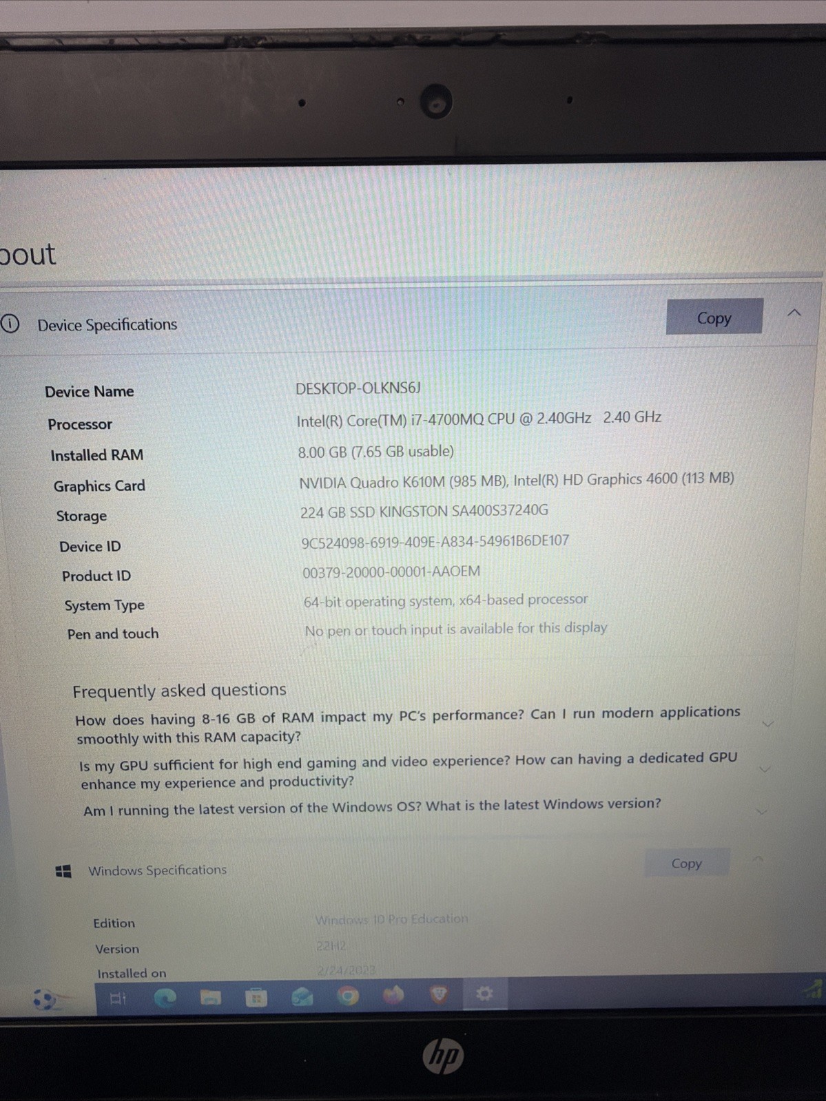 HP ZBook 15 15.6″ Laptop i7-4700MQ 8GB RAM 240GB SSD Quadro K610M Windows 10 Pro