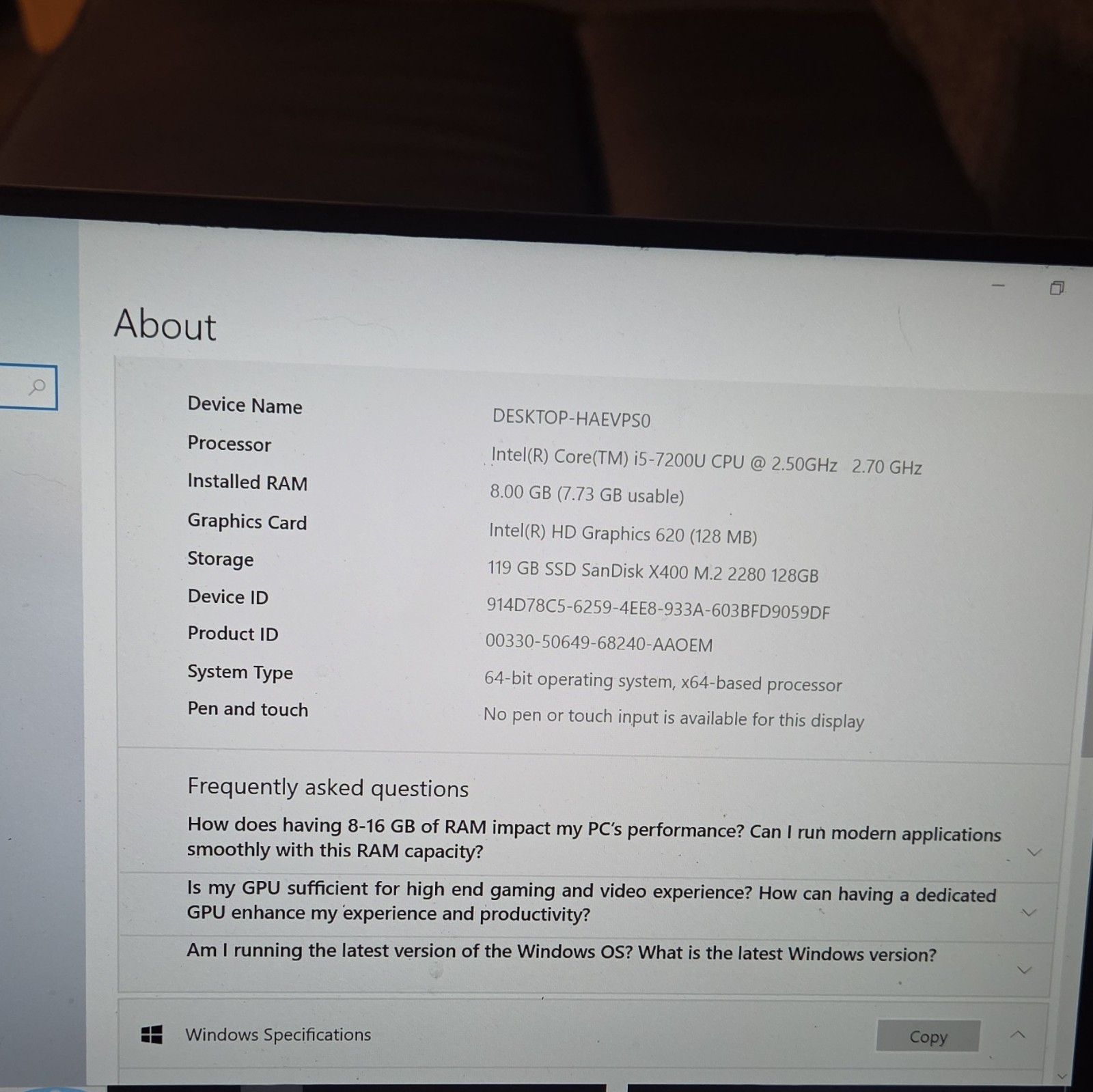 Dell XPS 13 9360 Laptop i5-7200U 8GB RAM 119GB SSD 14″ Silver Win 10 Pro